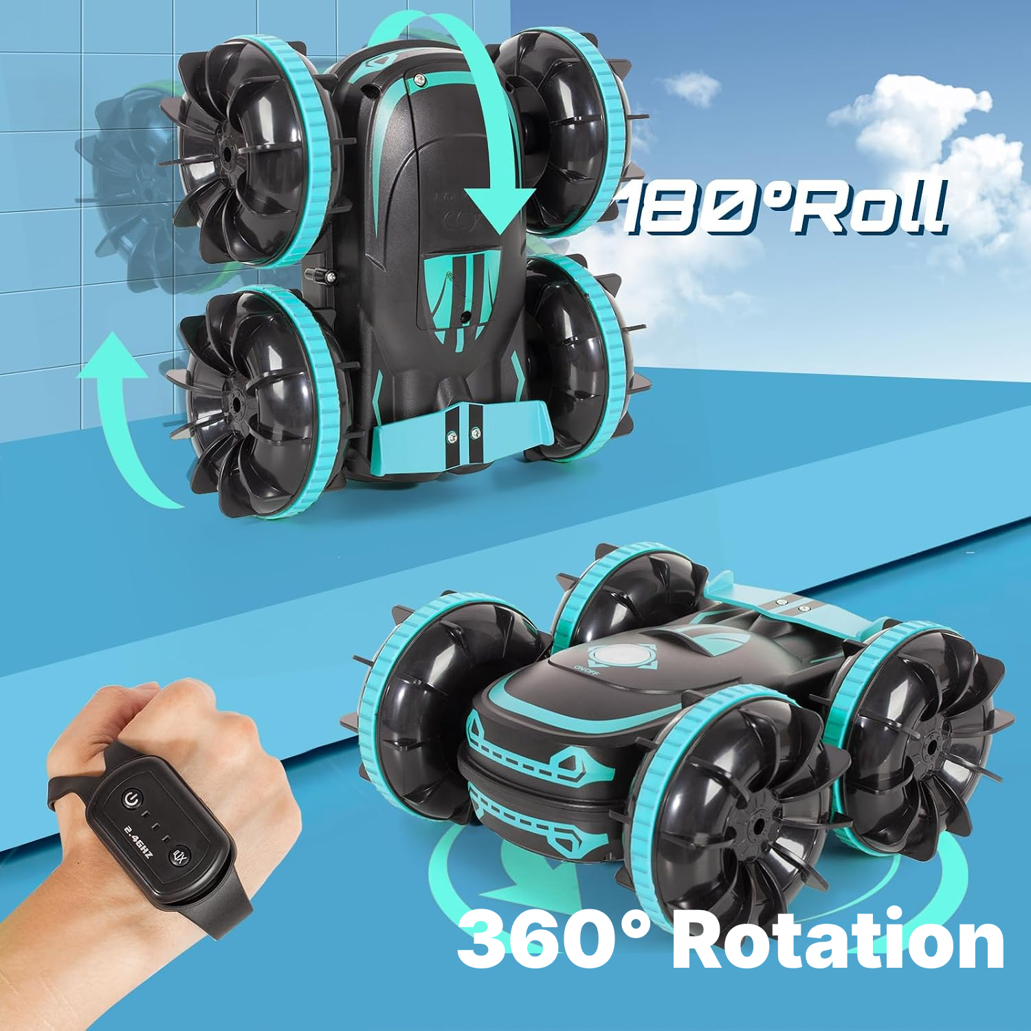 Blue Amphibious RC Stunt Car, 16 cm, Dual Control — 3