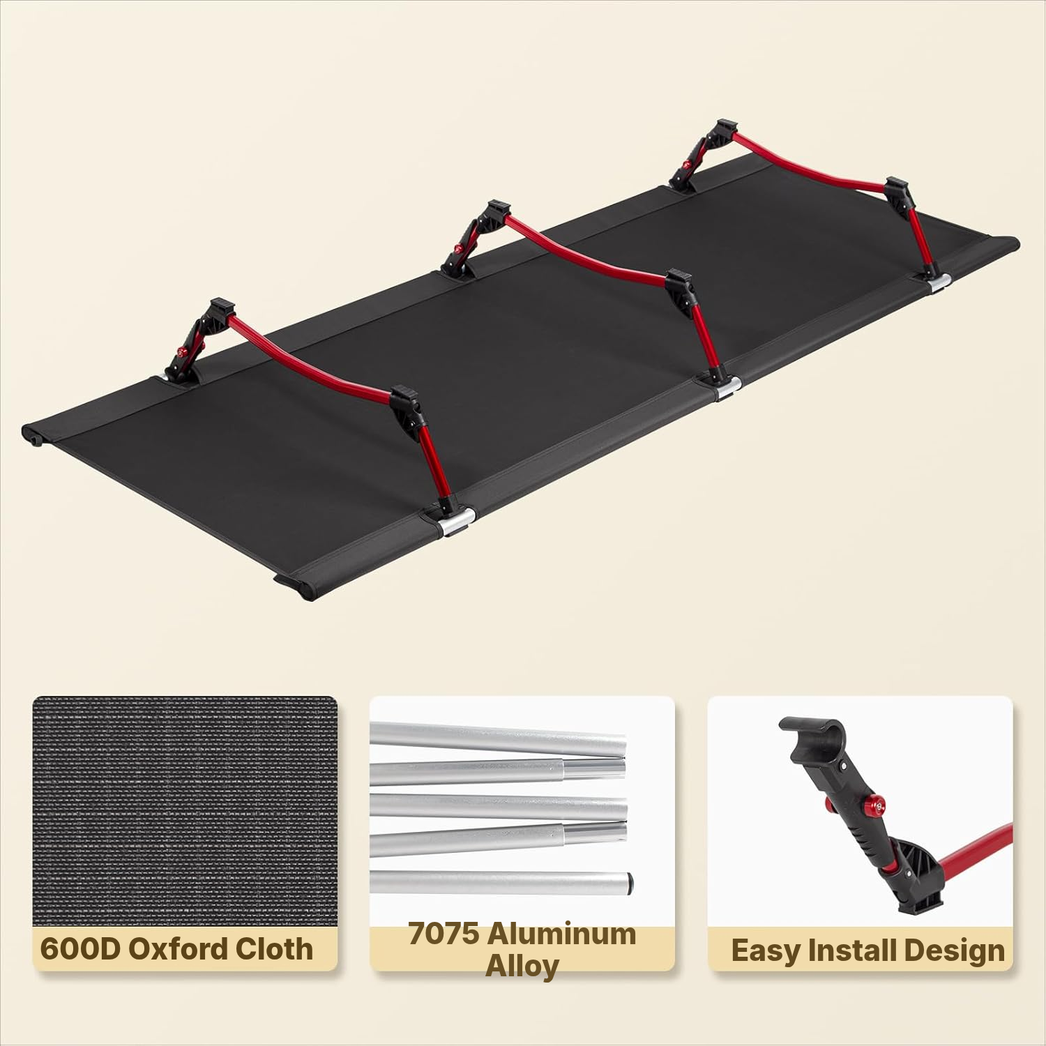 Black camp bed for camping 190 × 65 cm — 2