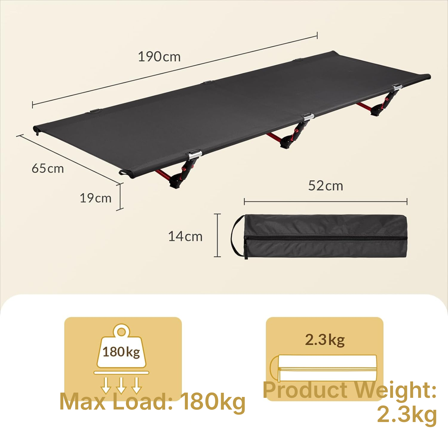 Black camp bed for camping 190 × 65 cm — 3