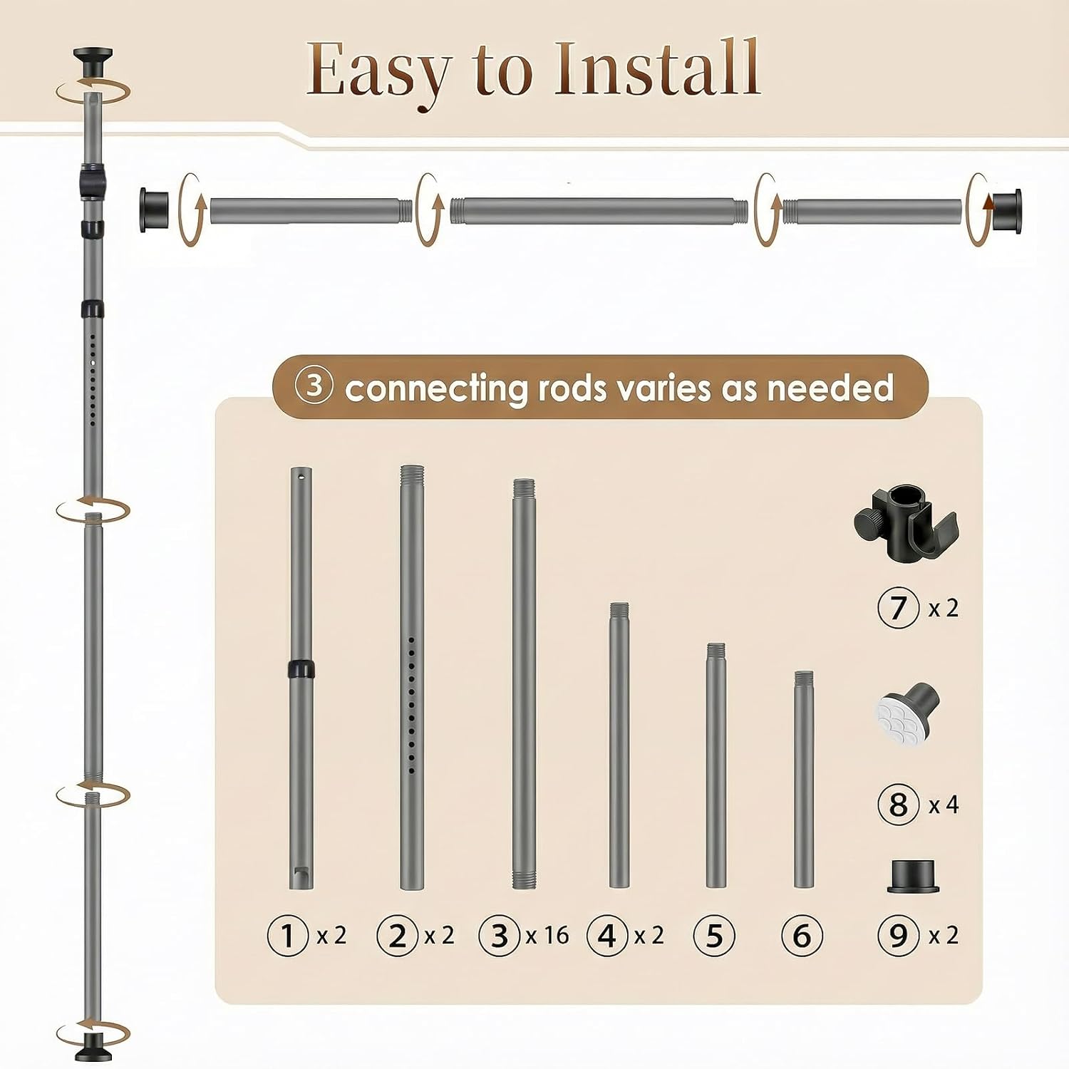 Easy installation diagram with 3 adjustable connecting rods and numbered parts list