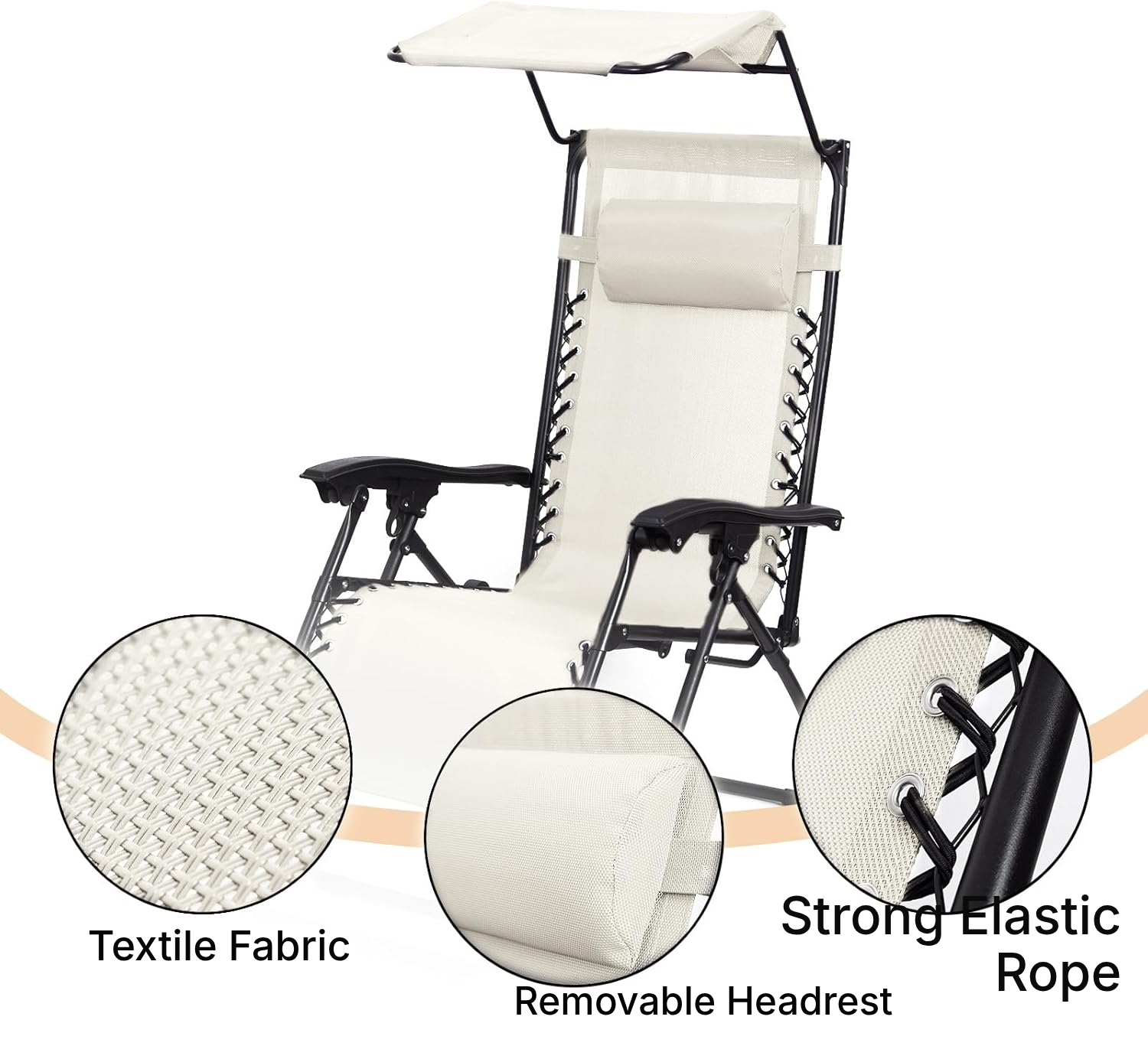 Beige Folding Sun Lounger, 110 cm, with Adjustable Sunshade — 2