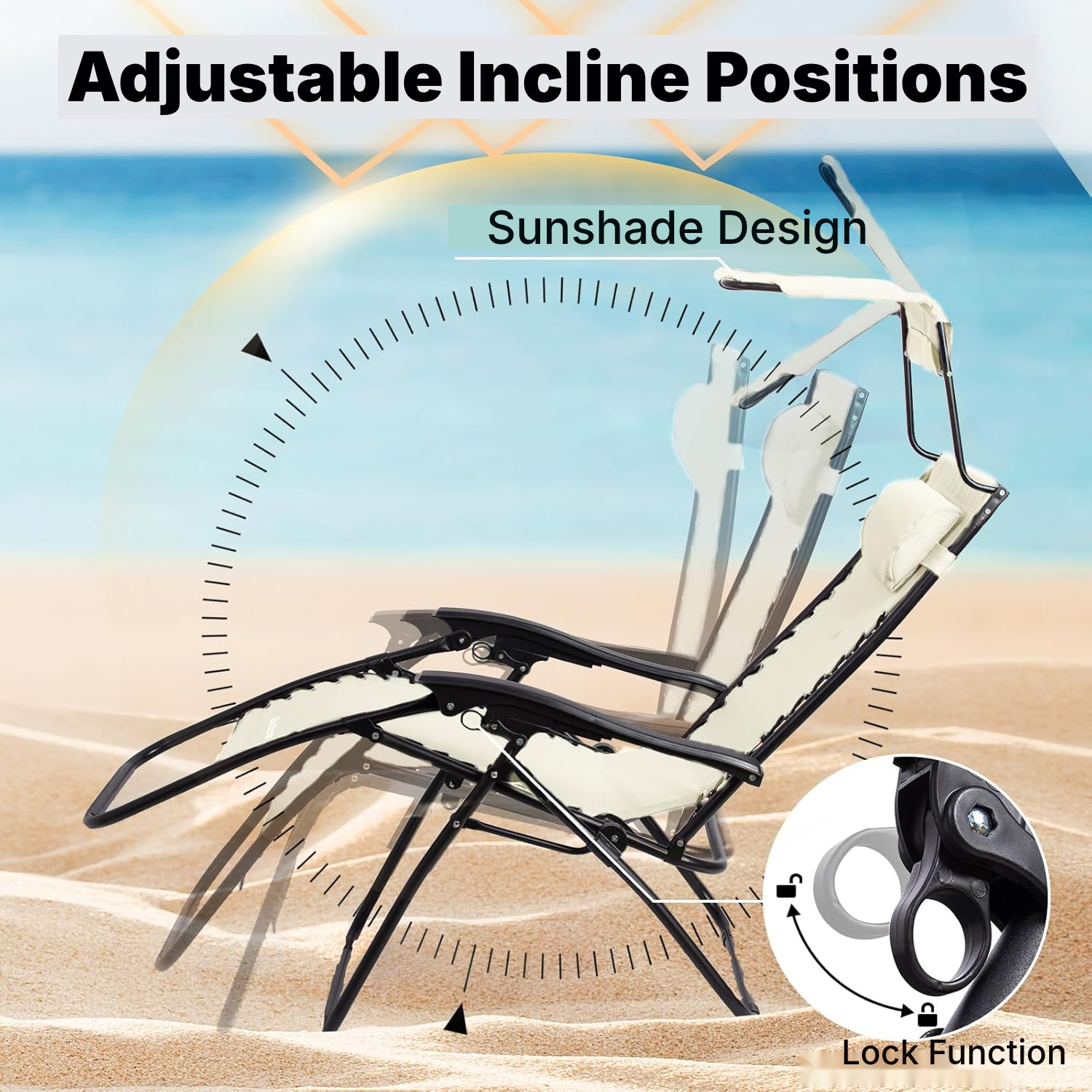 Beige Folding Sun Lounger, 110 cm, with Adjustable Sunshade — 3