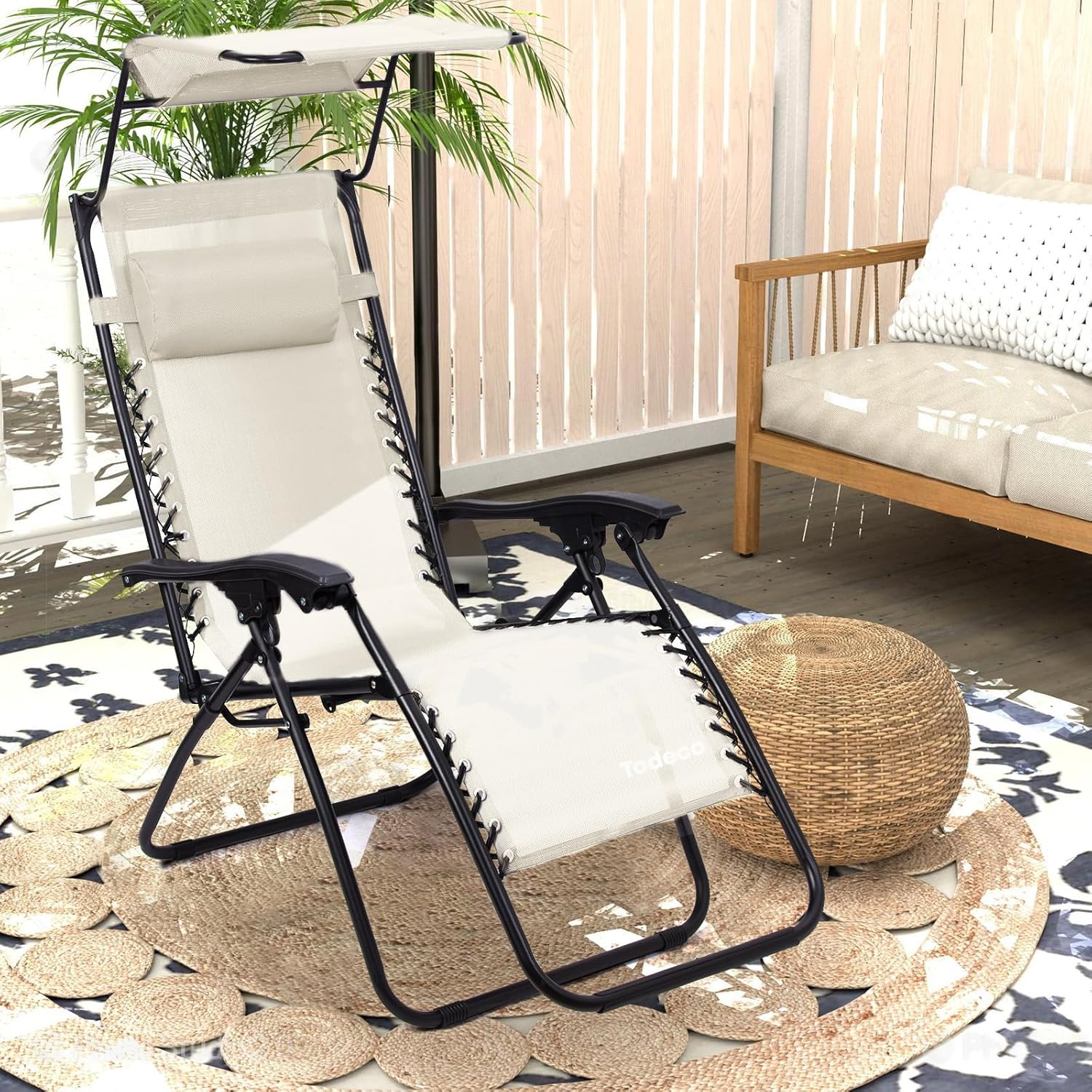 Beige Folding Sun Lounger, 110 cm, with Adjustable Sunshade — 5