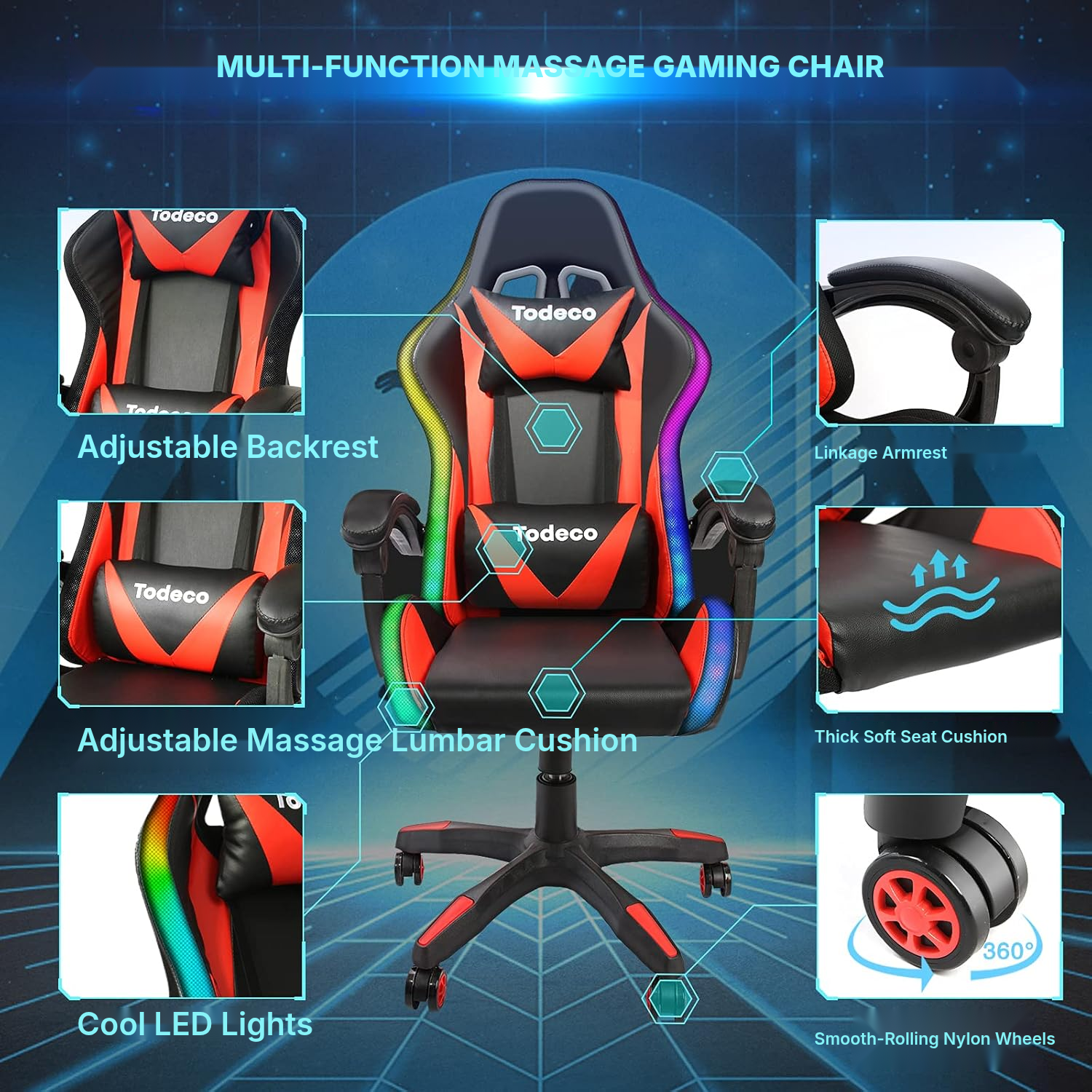 Gaming chair – red massage and RGB LED — 3