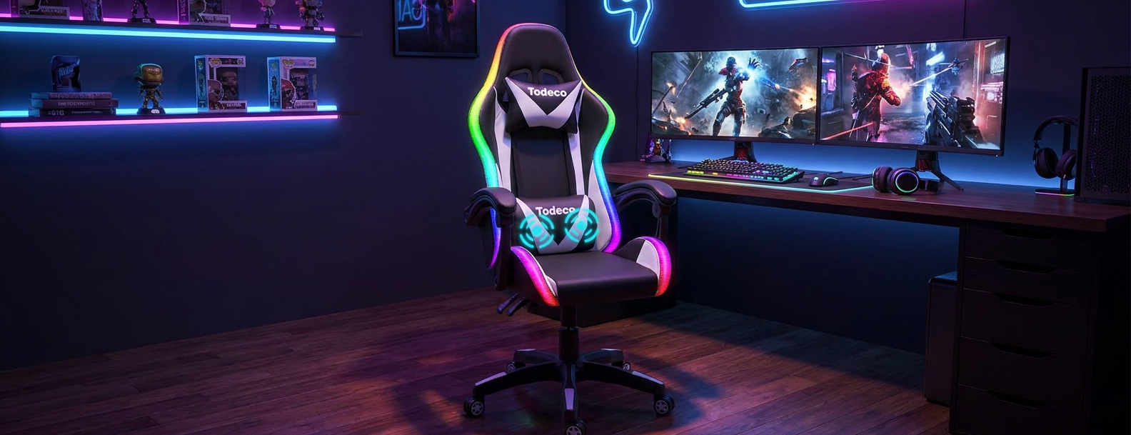White RGB gaming armchair with massage