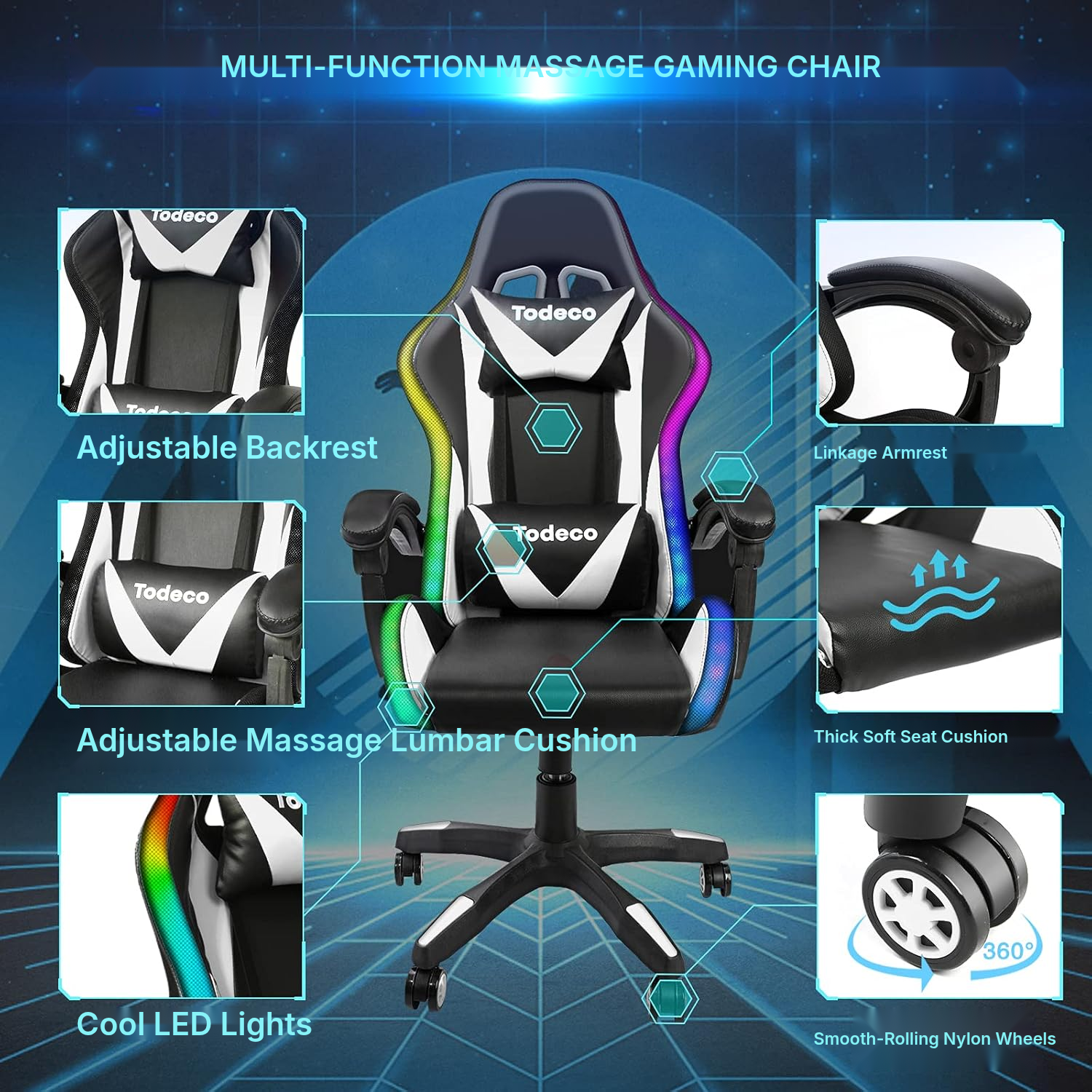 White RGB gaming armchair with massage — 3