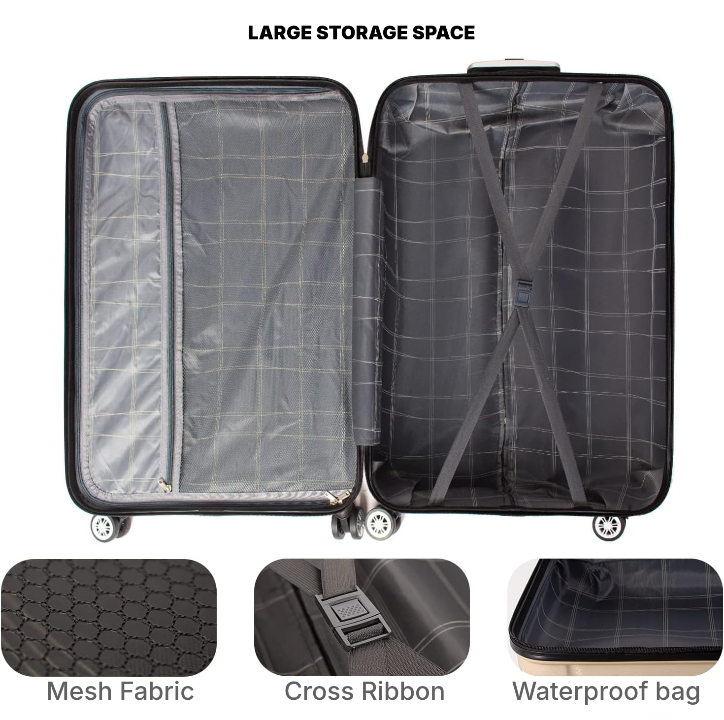 Light champagne suitcase, hard shell, 360° spinner — 2