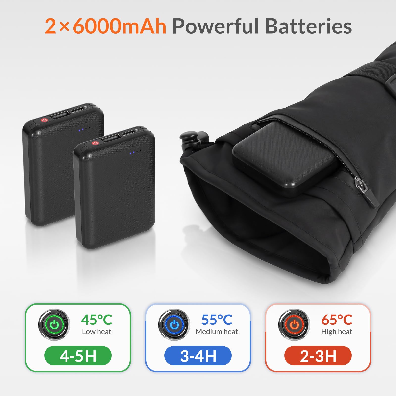 Two batteries and runtimes shown for the three heat levels