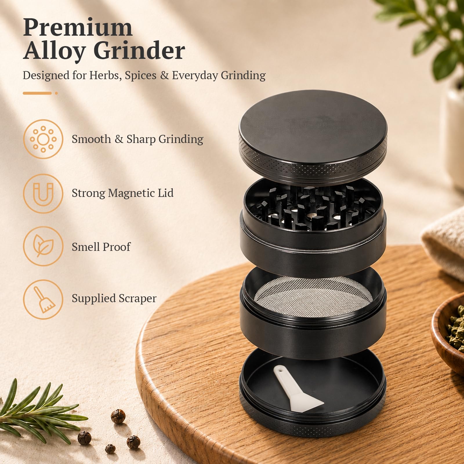 Exploded view of alloy grinder with screen and scraper