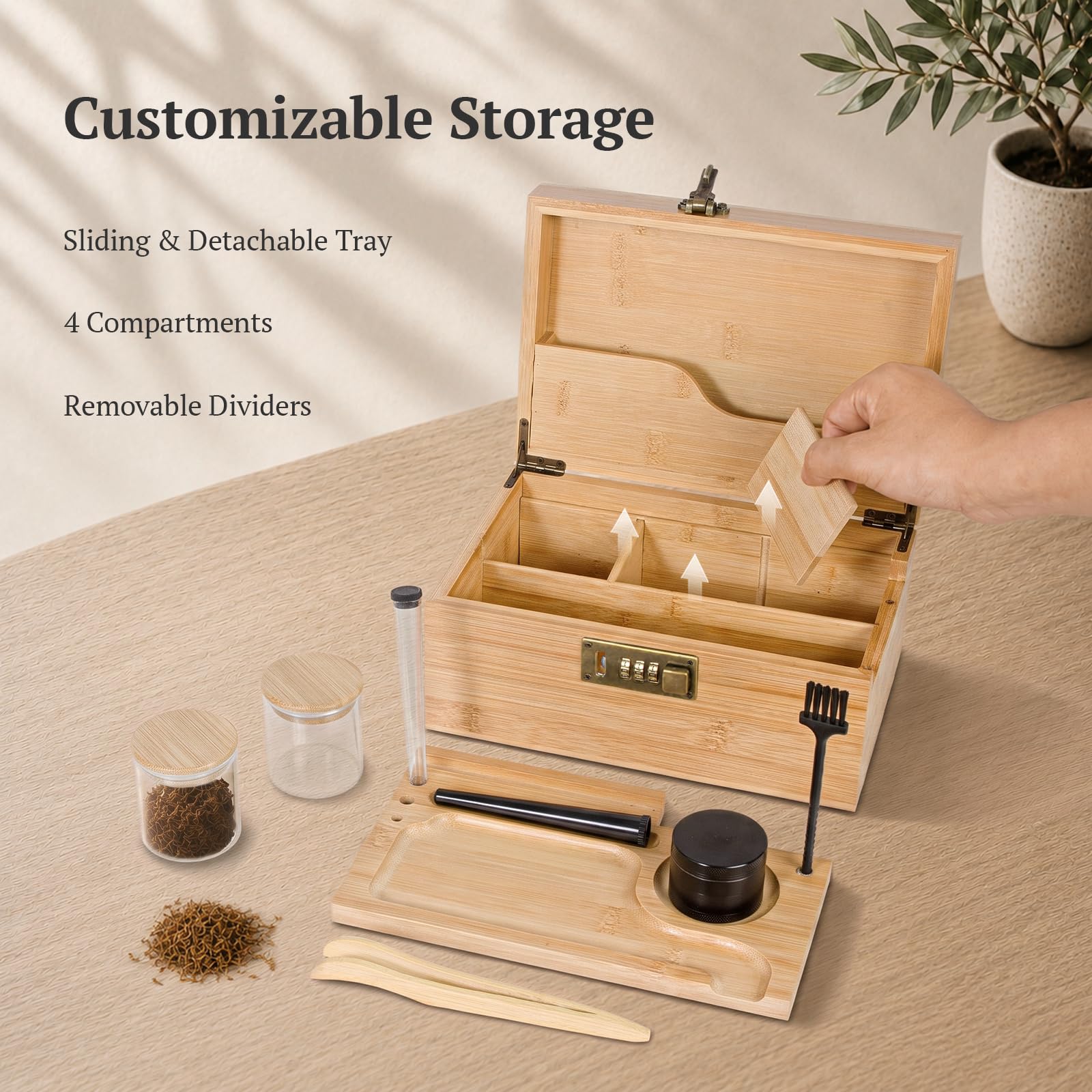 Open box showing sliding tray and removable dividers