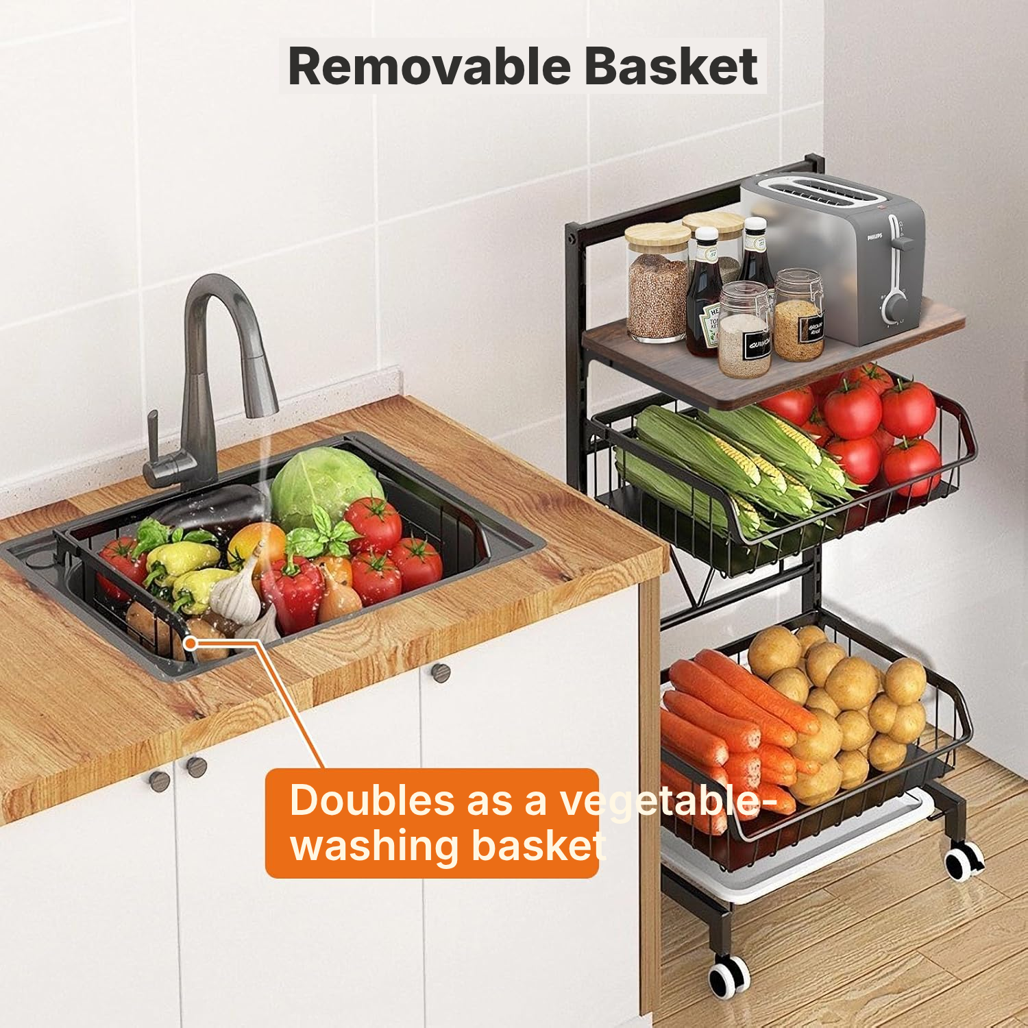 Kitchen Trolleys – 3 Baskets, Vintage Wood Board — 3