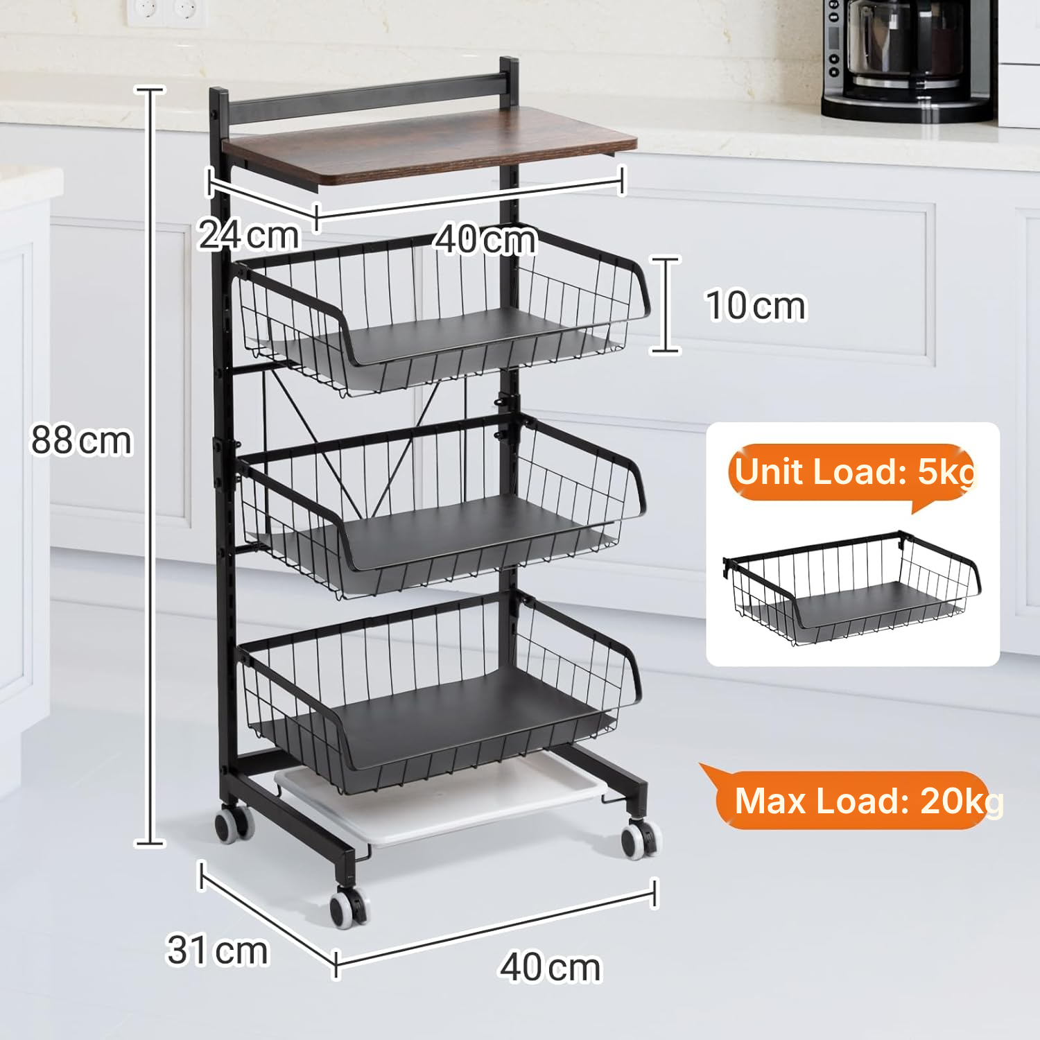 Kitchen Trolleys – 3 Baskets, Vintage Wood Board — 5