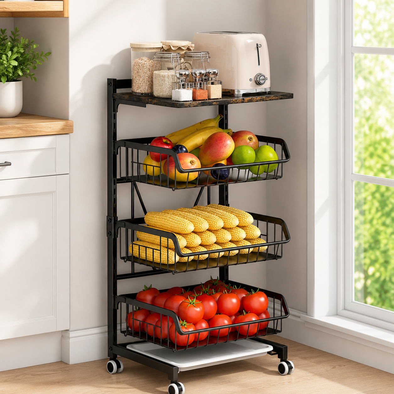 Kitchen Trolleys – 3 Baskets, Vintage Wood Board