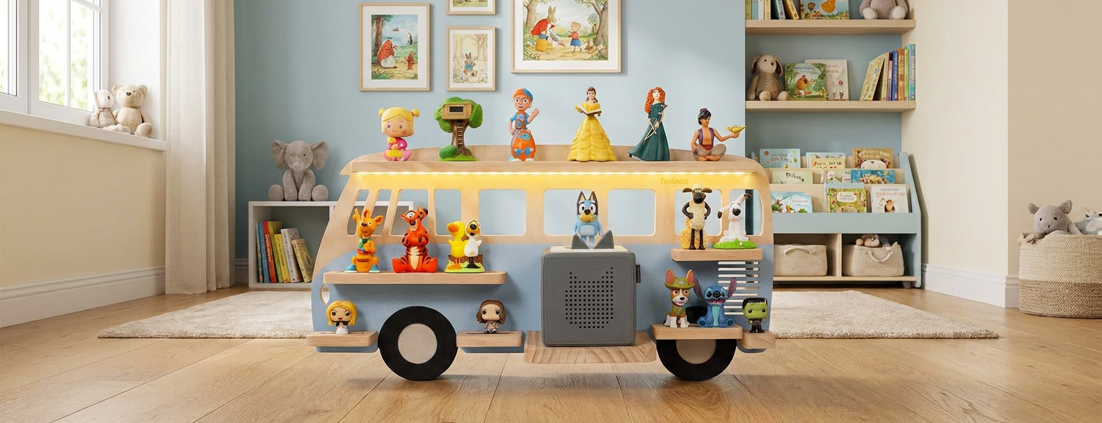 LED Magnetic Shelf for Toniebox/Tonies – Blue Bus, 62 cm