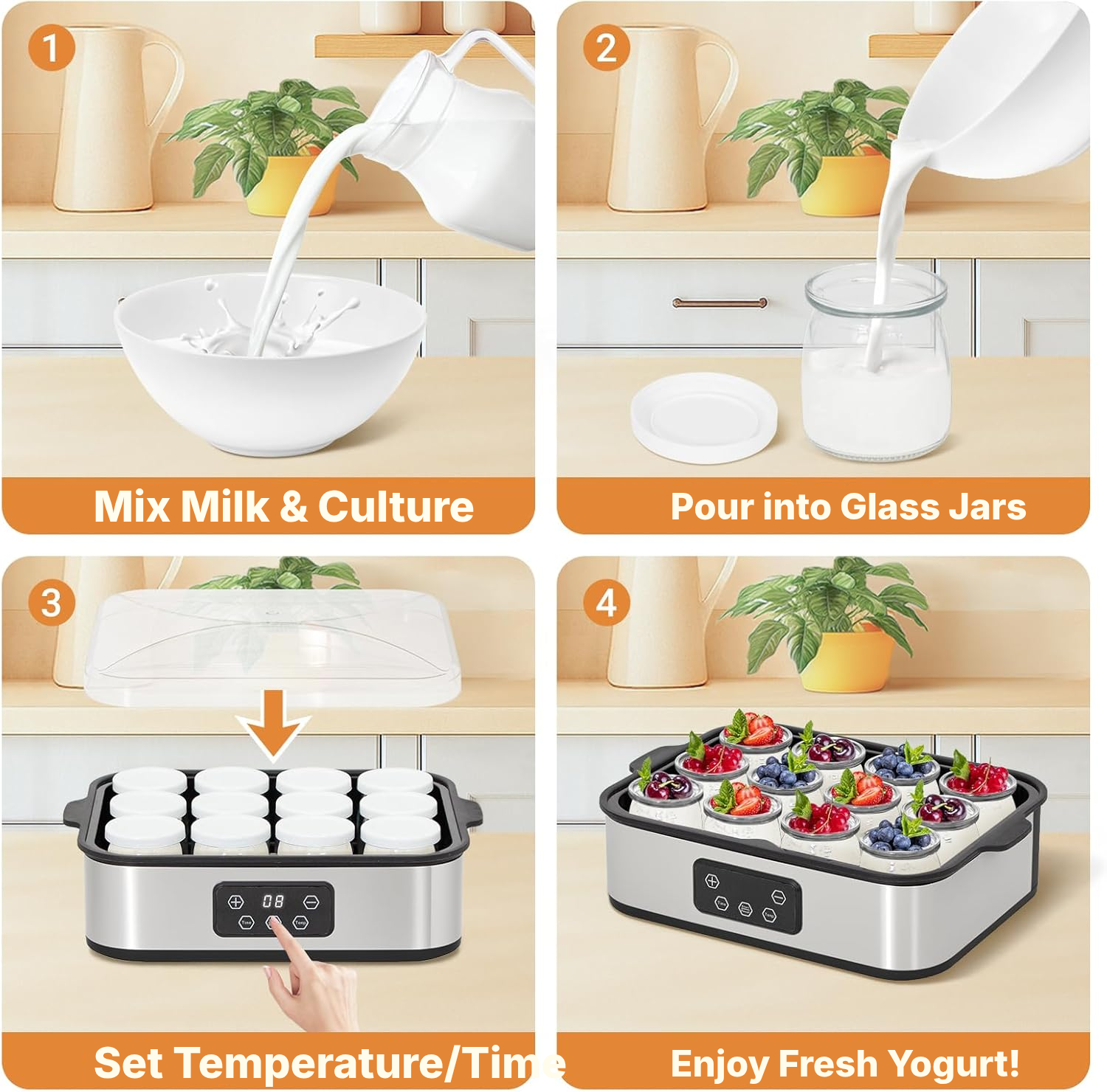 12-Pot Yoghurt Maker – Black, 180 ml Glass Pots — 4