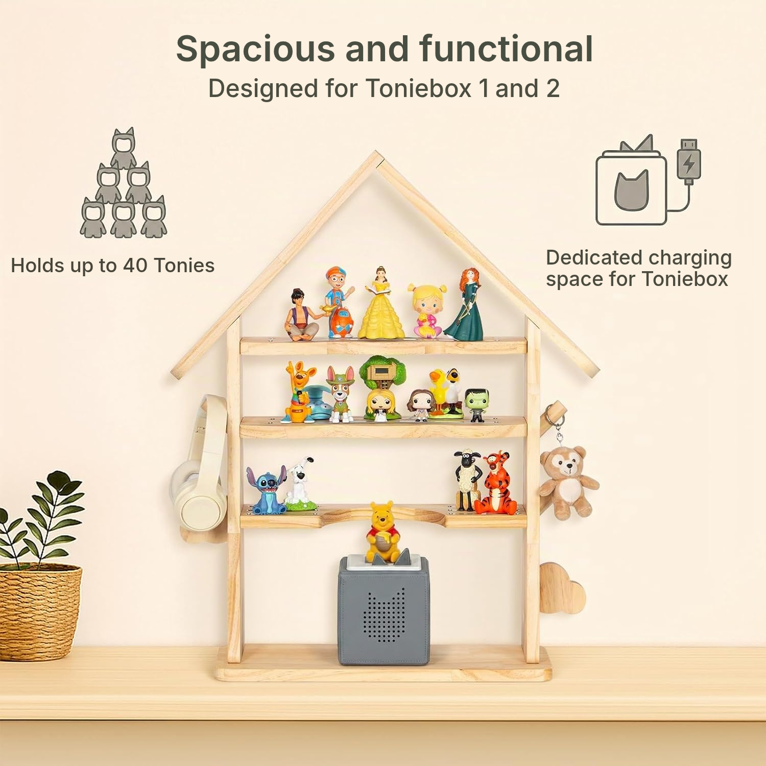 Toniebox/Tonies Magnetic Shelf – Wood Stand with Hooks, 62 cm — 3