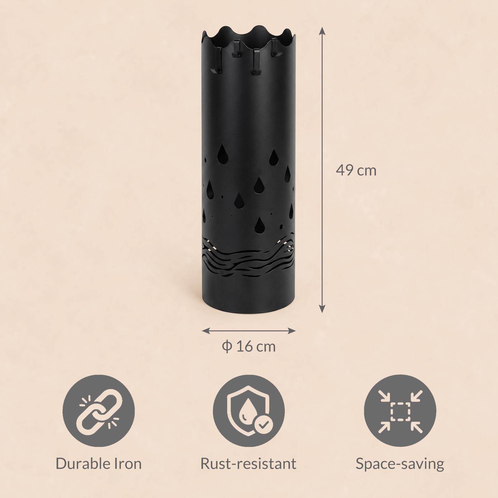 Black umbrella stand dimensions: 49 cm high and 16 cm in diameter