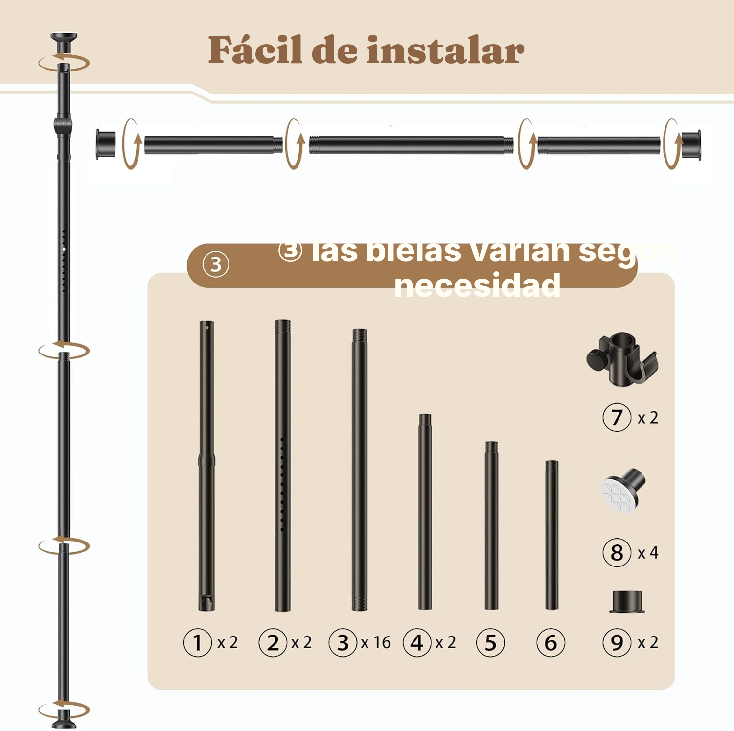 Barra cortina extensible negra sin taladrar — 5