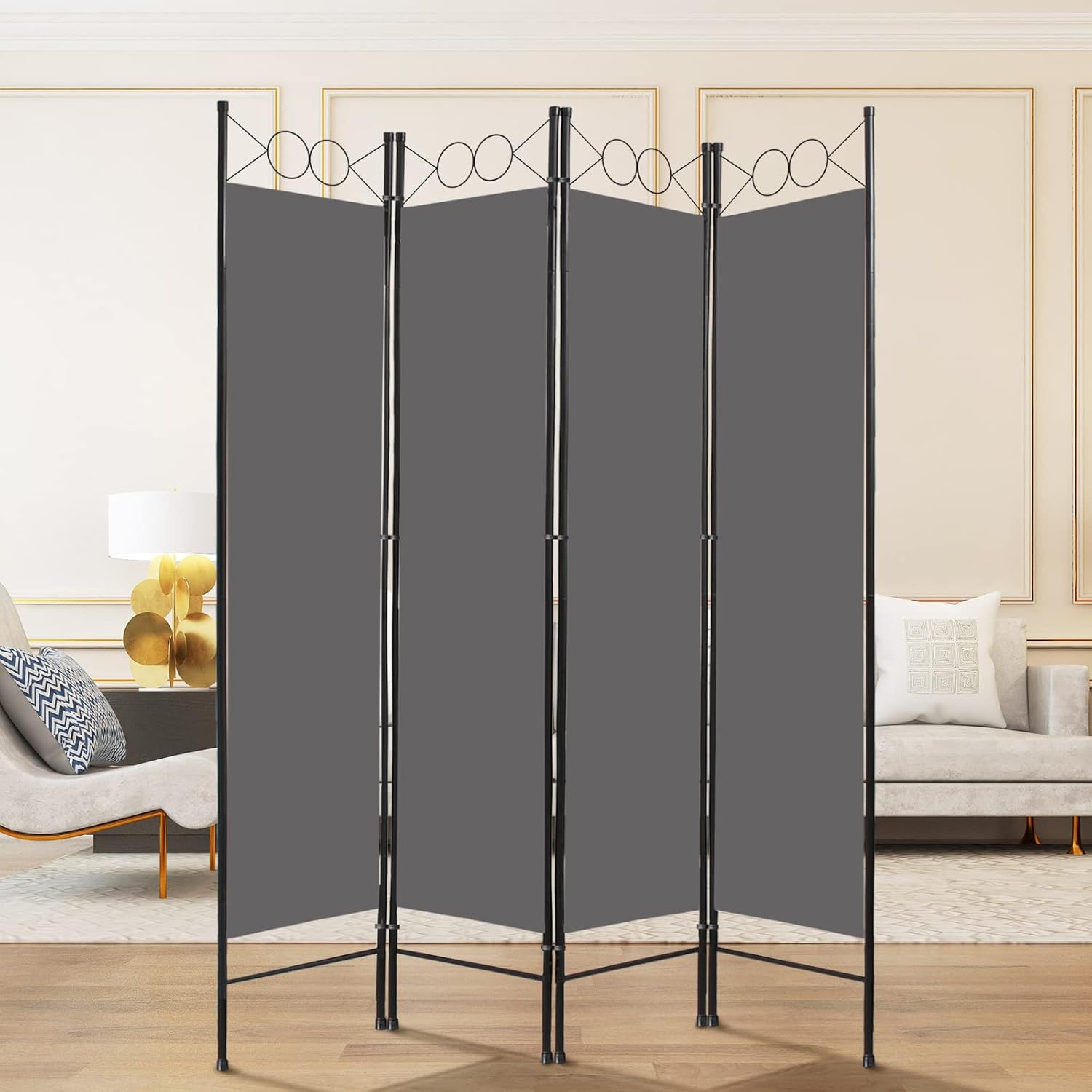Biombo separador plegable gris de 4 paneles
