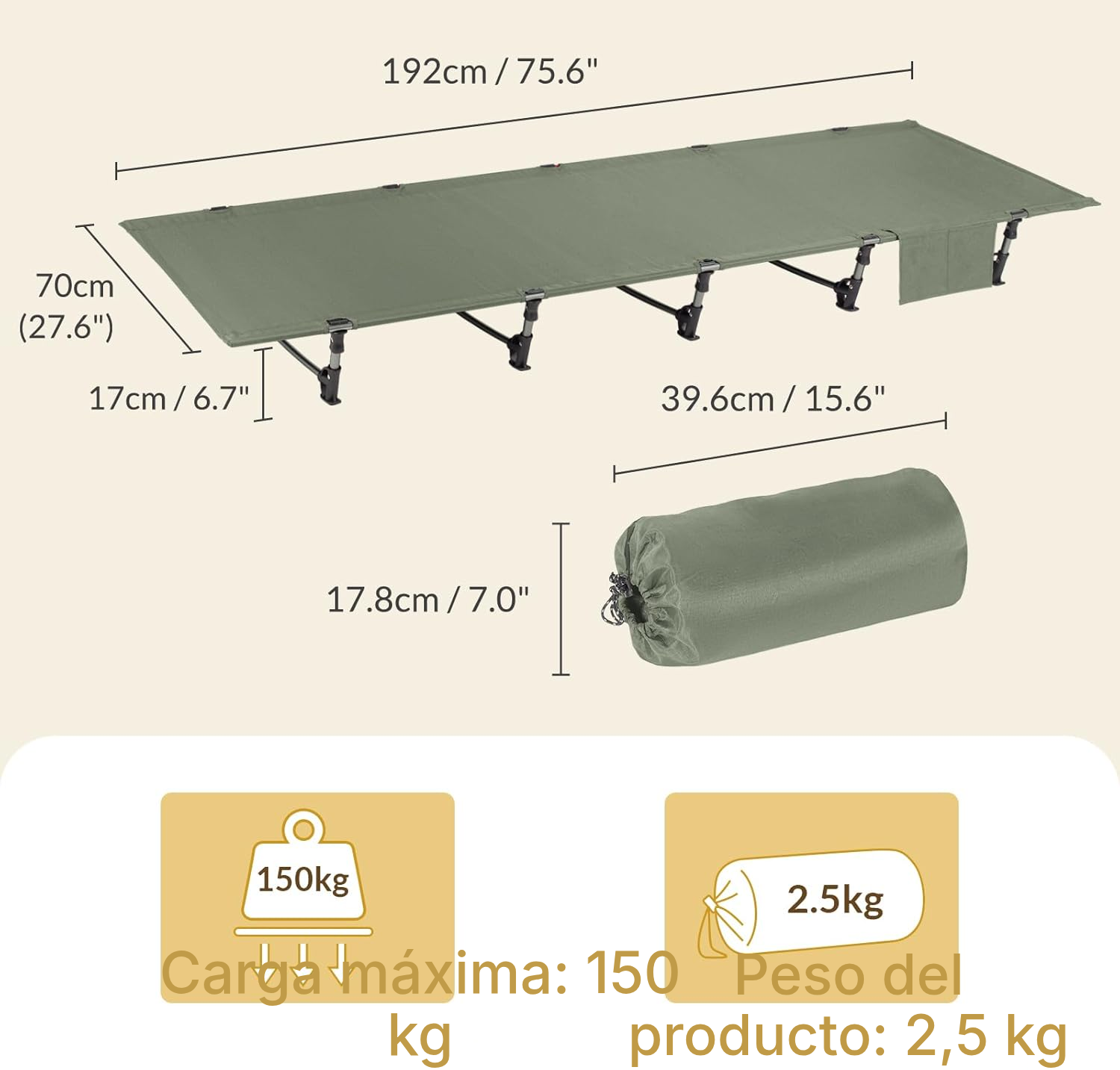 Cama camping plegable verde oliva — 4