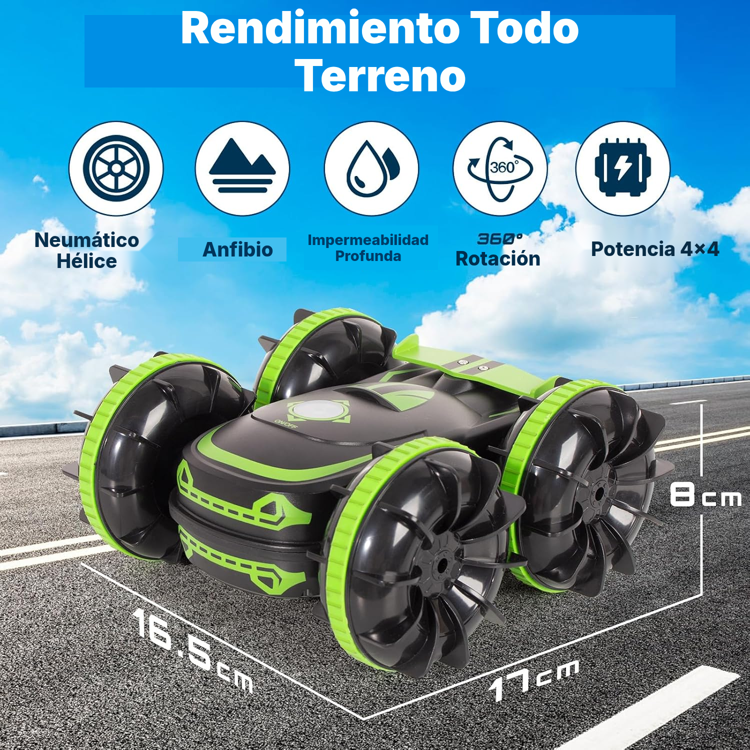Coche radio control 4x4 anfibio 360° — 2