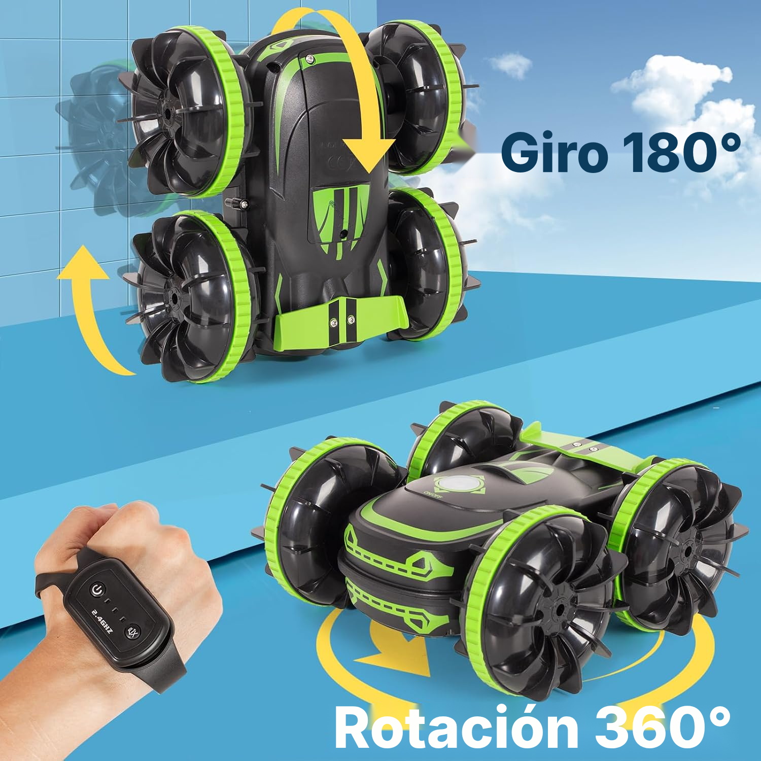 Coche radio control 4x4 anfibio 360° — 3