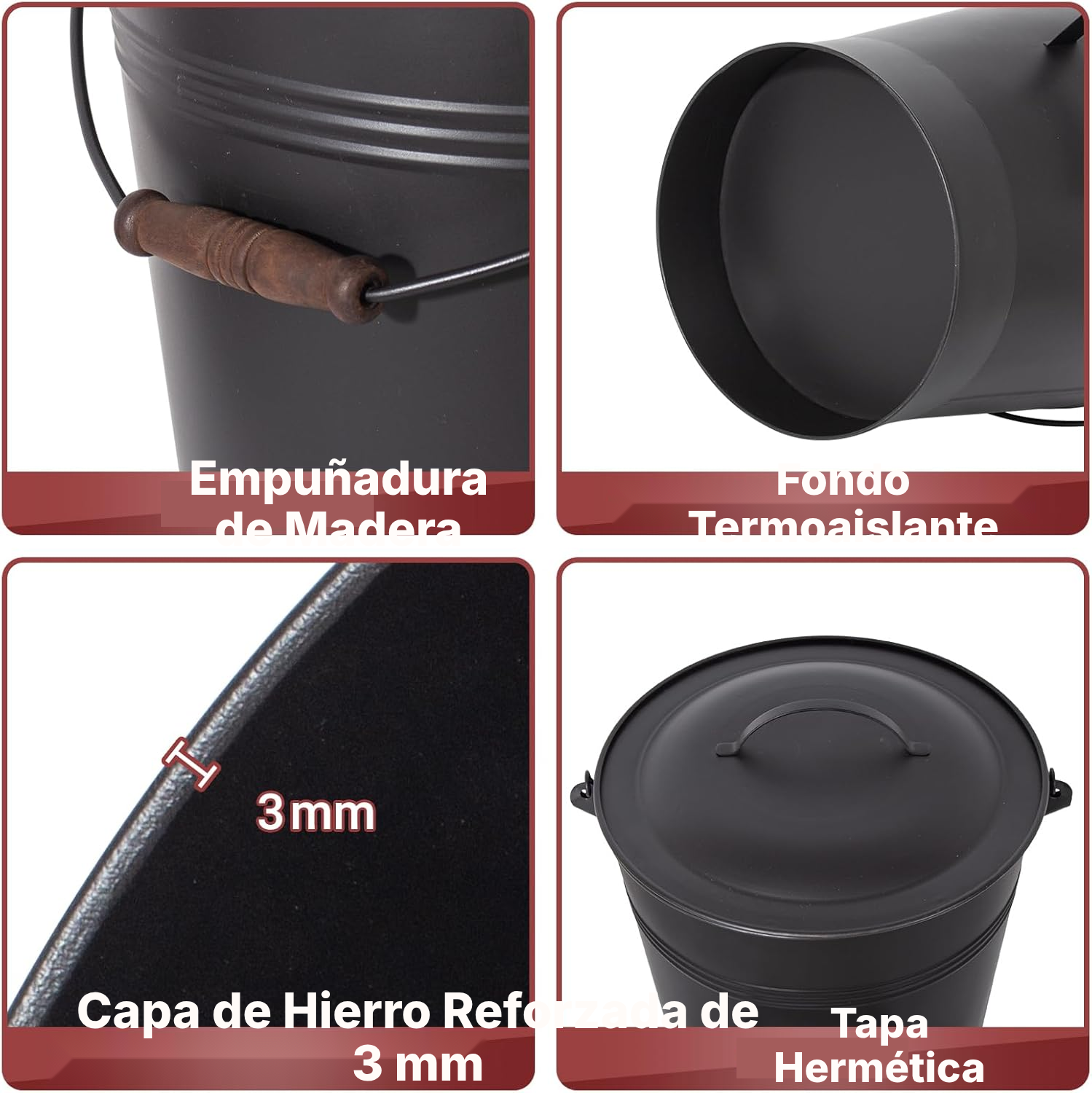 Cubo para cenizas 24 L con tapa, pala y cepillo — 3