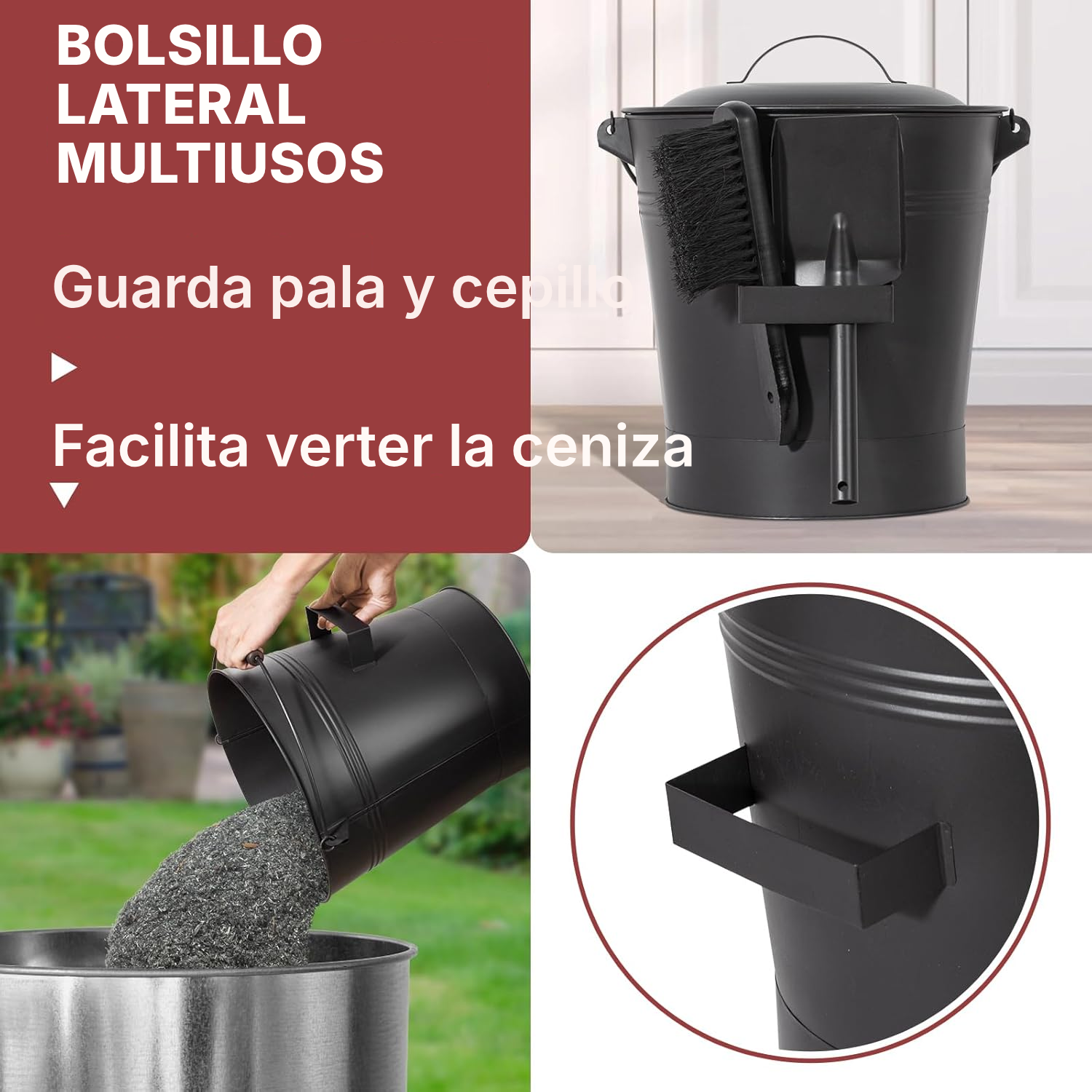 Cubo para cenizas 24 L con tapa, pala y cepillo — 5