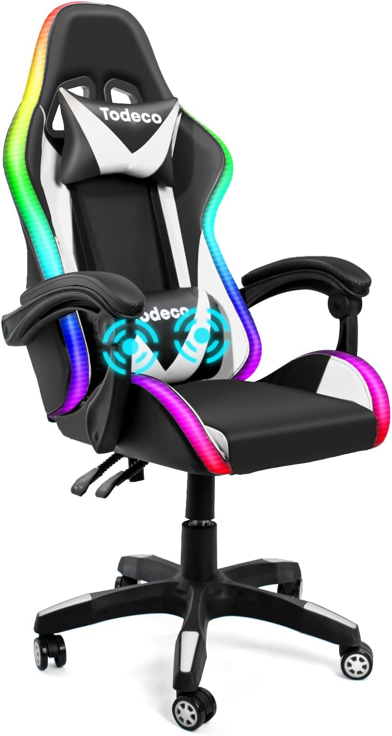 Silla ergonómica oficina gaming LED RGB blanca con masaje