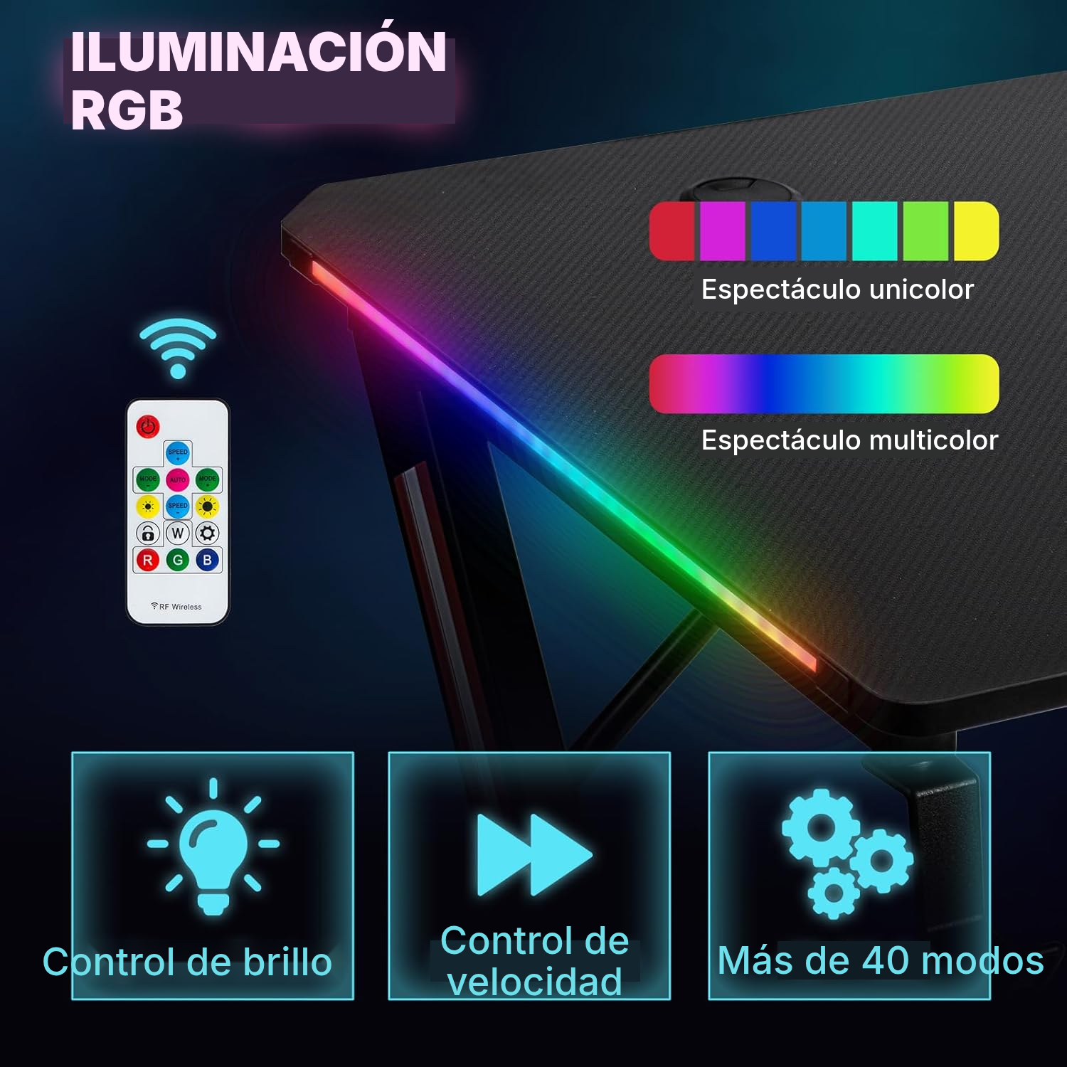 Mesa gaming 140 cm con LED, setup ordenado — 3