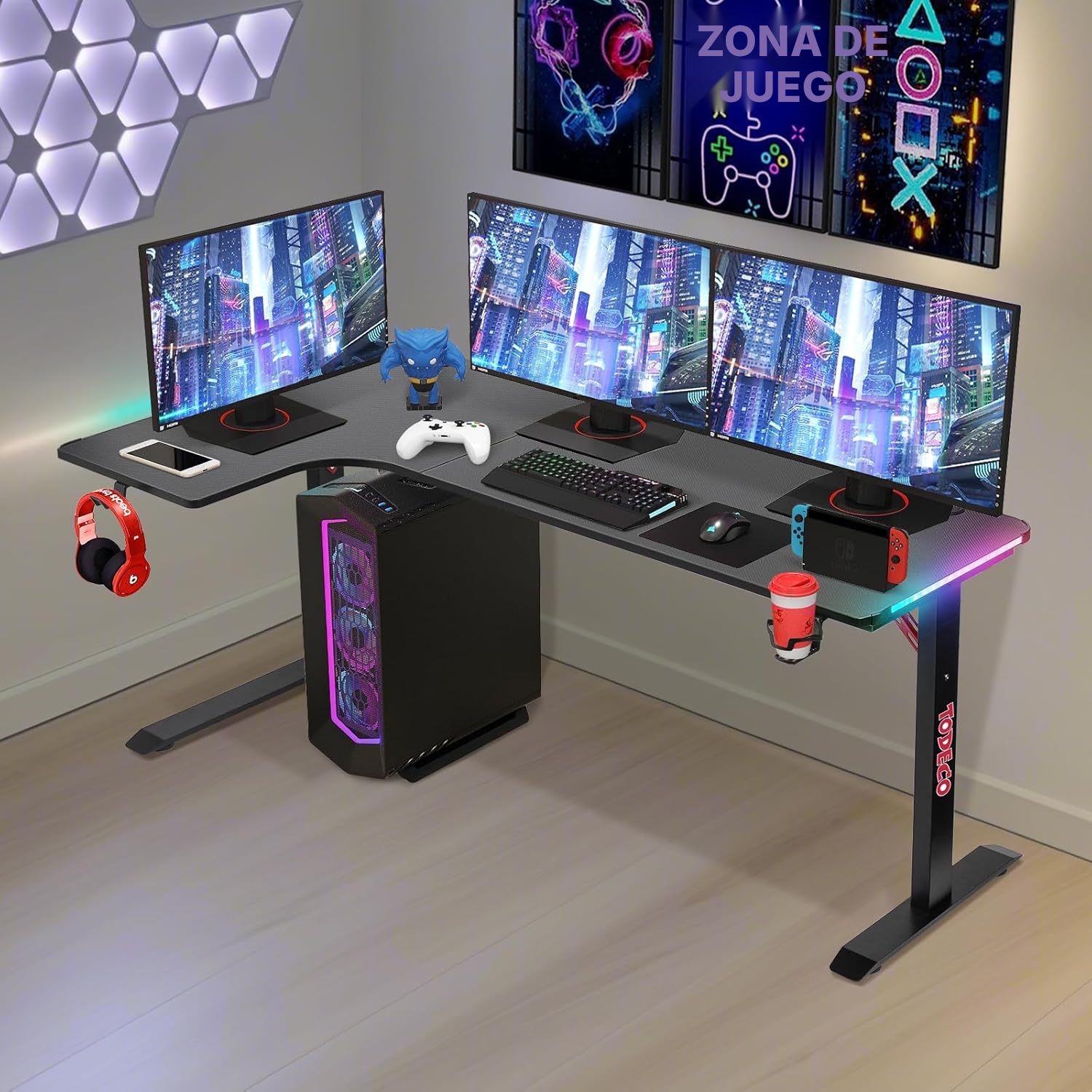 Escritorio esquinero gaming en L 160 cm con LED RGB — 6
