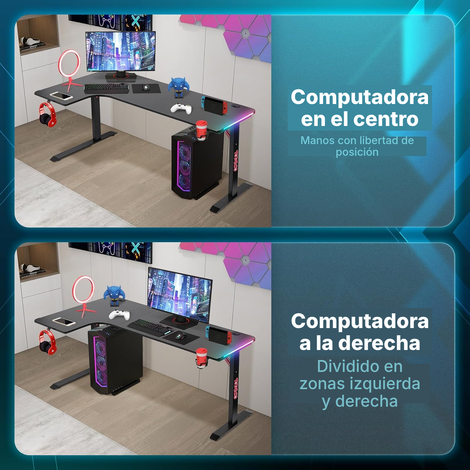 Escritorio esquinero gaming en L 160 cm con LED RGB — 2