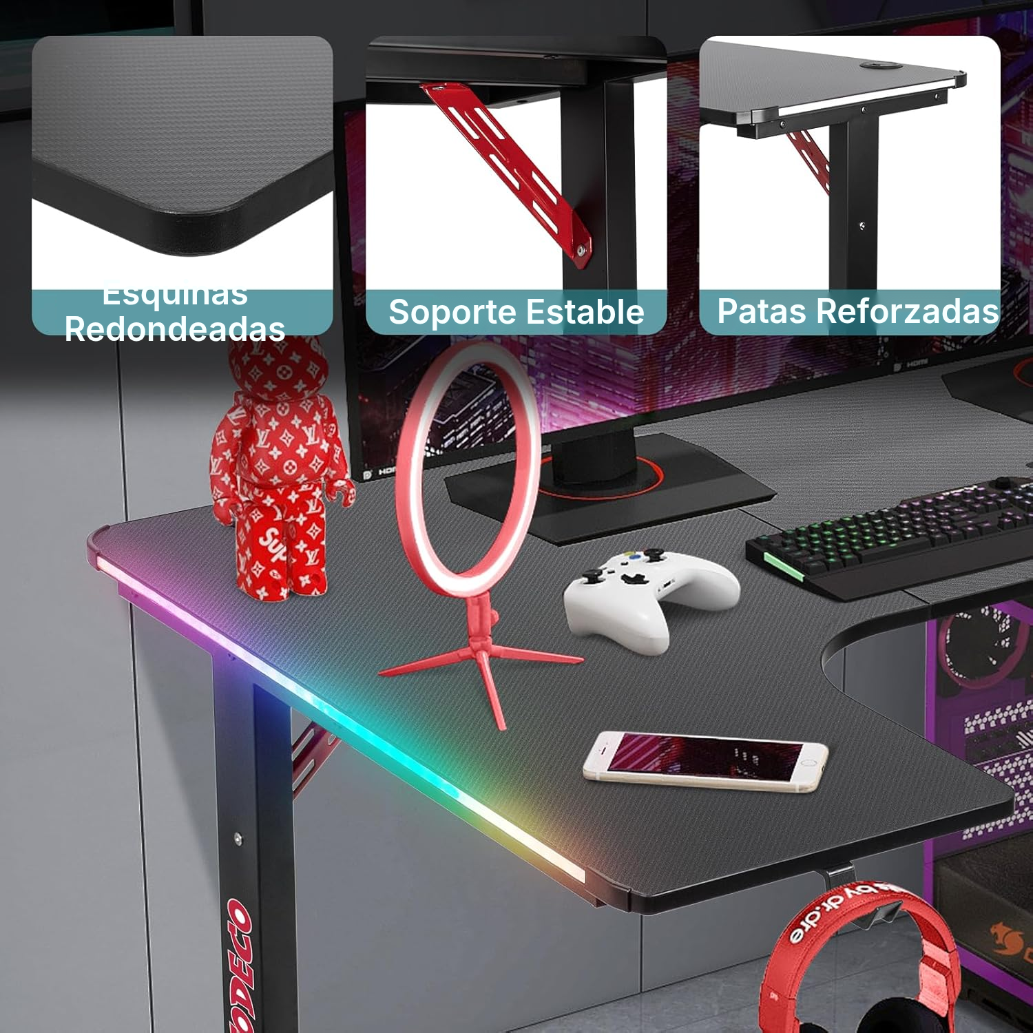 Escritorio esquinero gaming en L 160 cm con LED RGB — 4