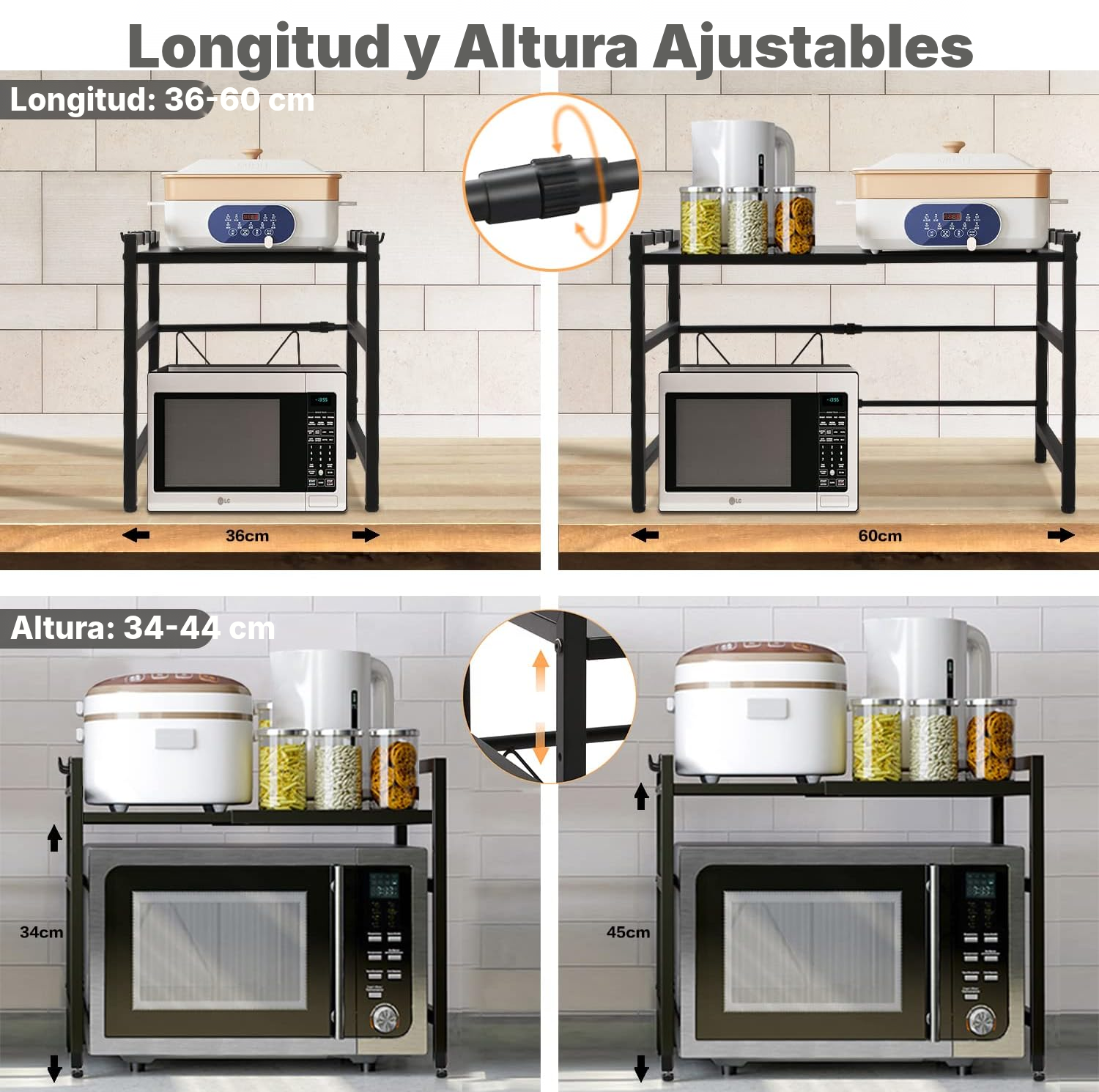 Estante microondas extensible negro 36-60 cm — 2