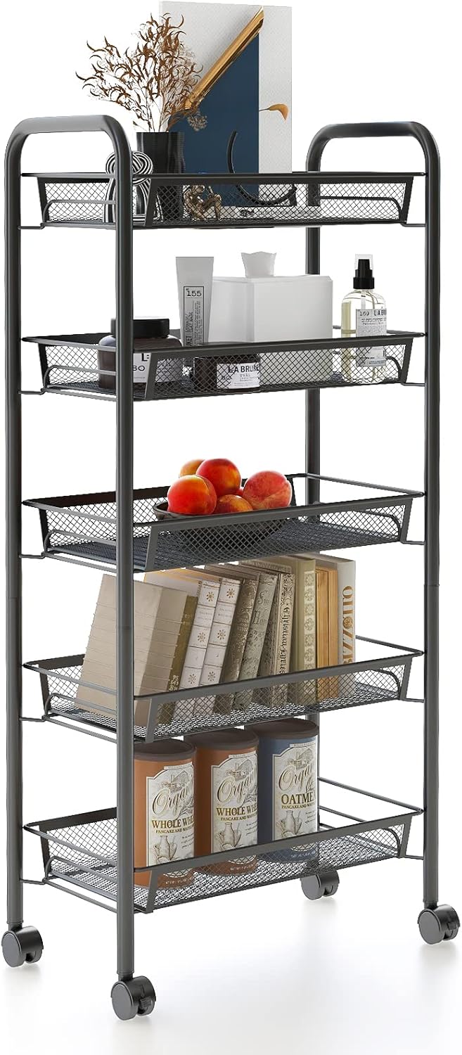 Carrito de cocina negro de 5 niveles con ruedas
