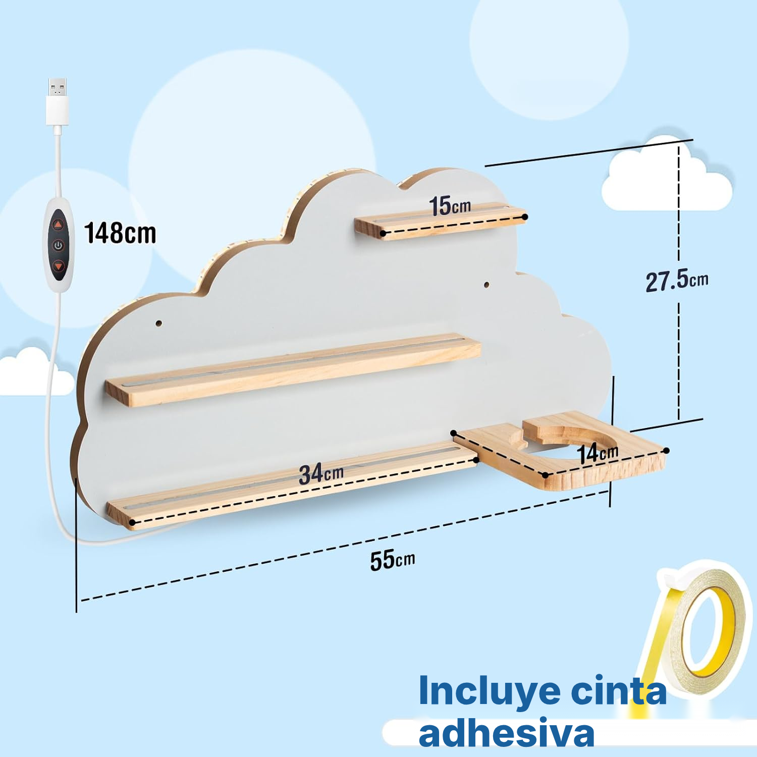 Estantería magnética LED para Toniebox/Tonies – nube gris, 60 cm — 2