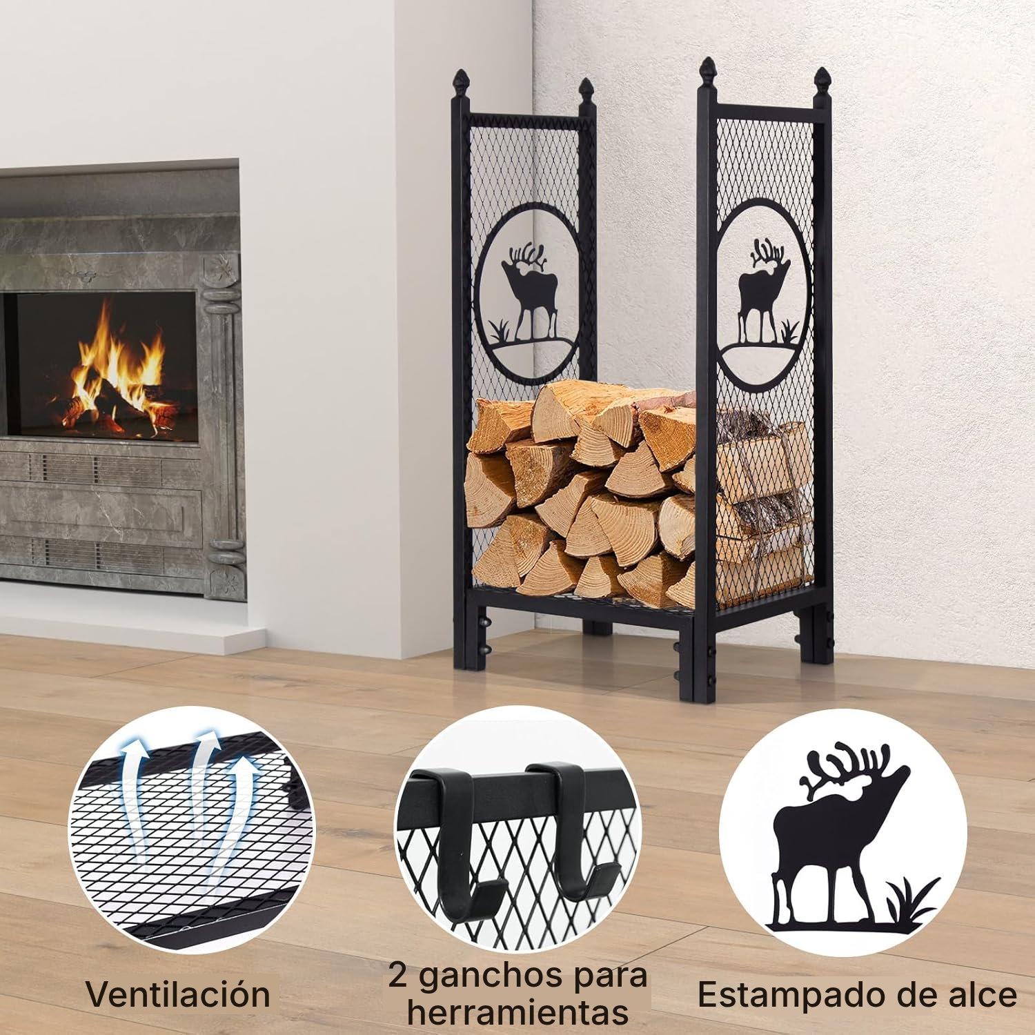 Leñero vertical de acero con estante, 80 cm — 2