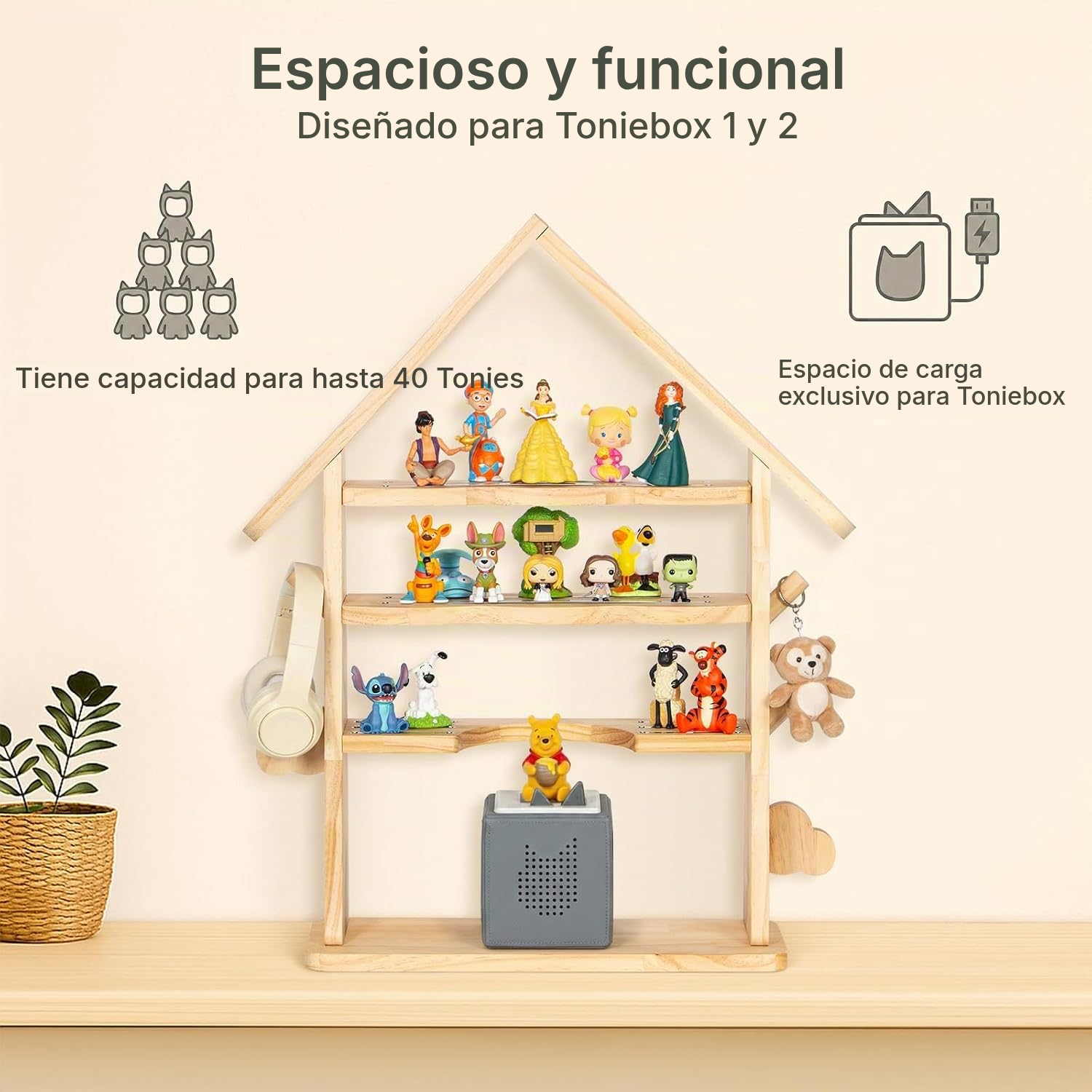 Estantería magnética Toniebox/Tonies – madera con ganchos, 62 cm — 3