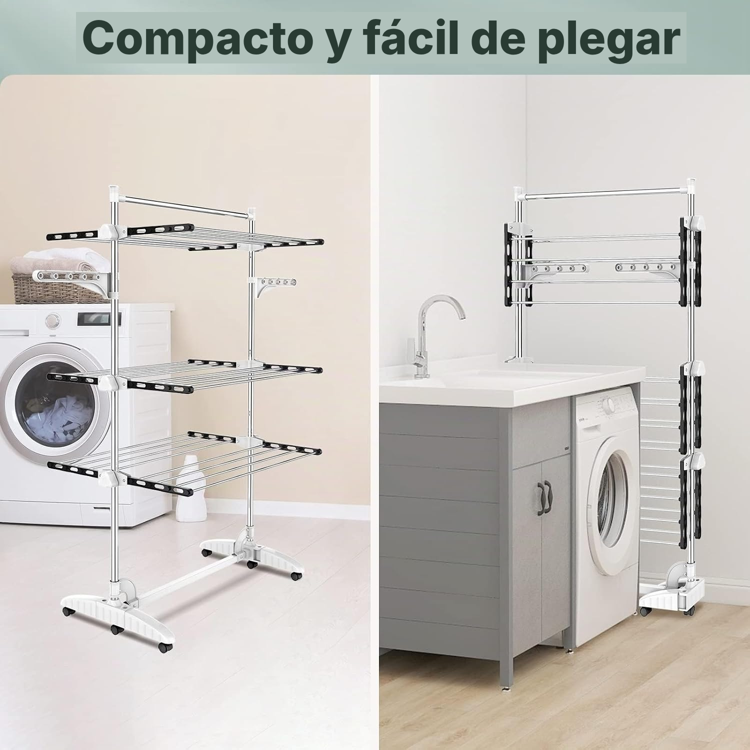 Tendedero grande plegable negro 3 estantes y barra — 4