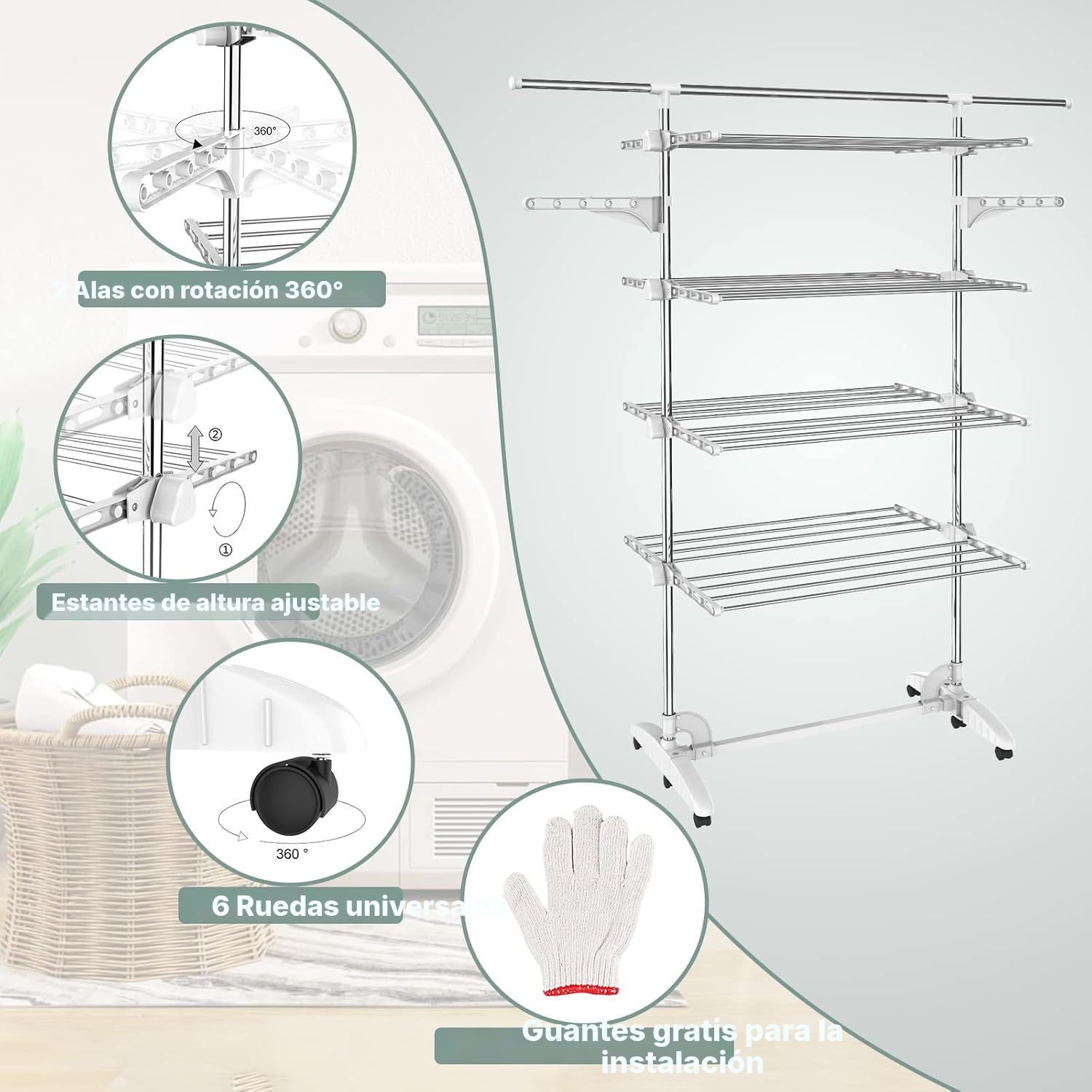 Tendedero vertical plegable 4 estantes con 6 ruedas — 2