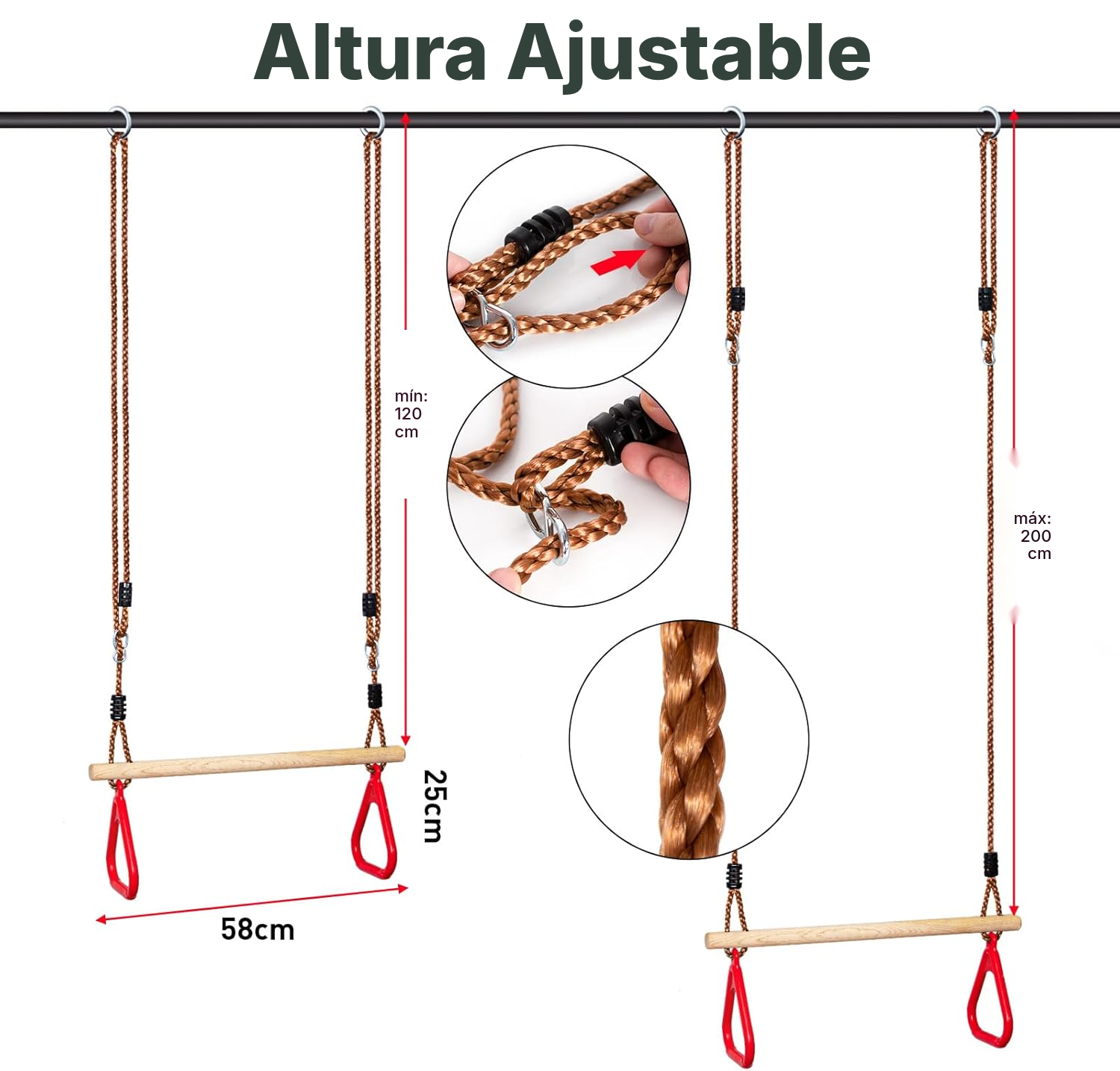 Trapecio rojo 200 cm con anillas de gimnasia — 2