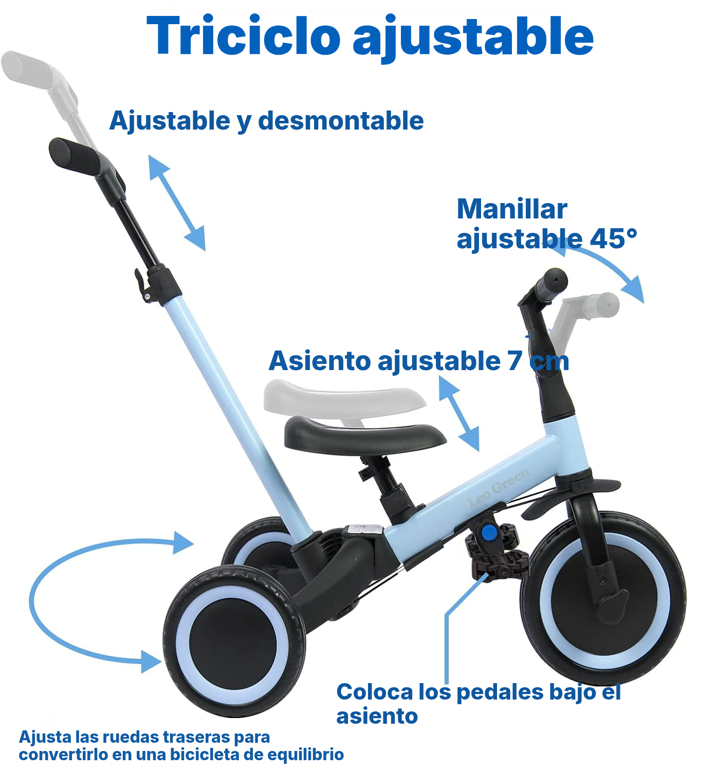 Triciclo evolutivo azul — 4 modos, 1 a 3 años — 3