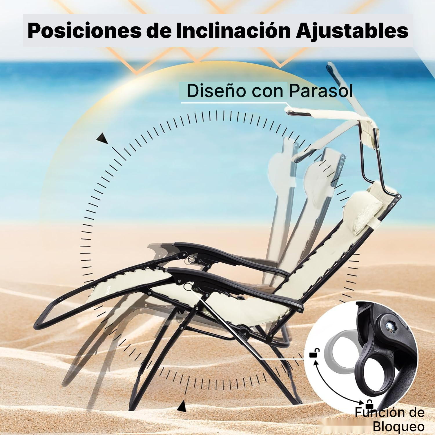 Tumbona playa beige plegable con parasol — 3