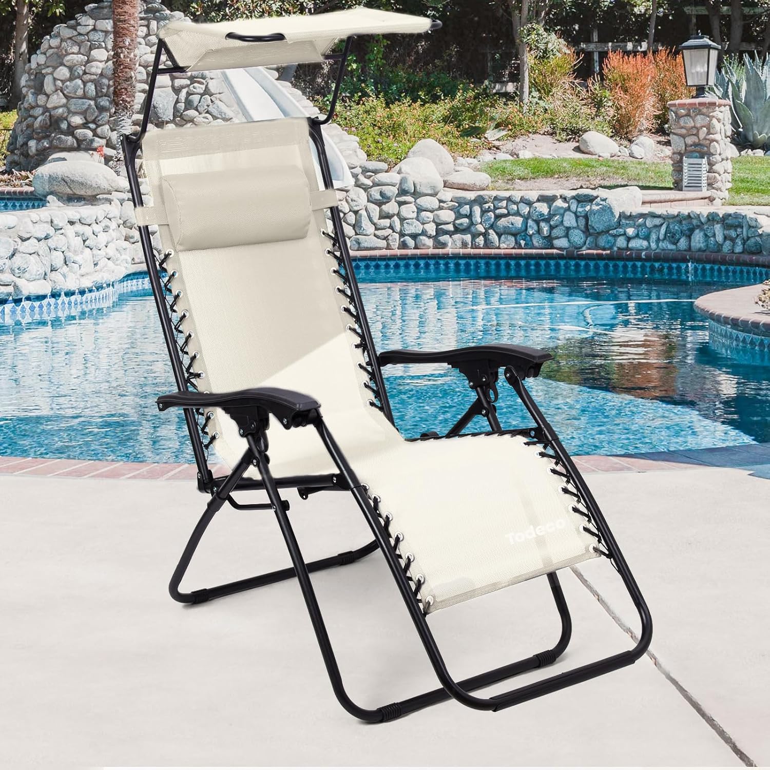 Tumbona playa beige plegable con parasol — 7