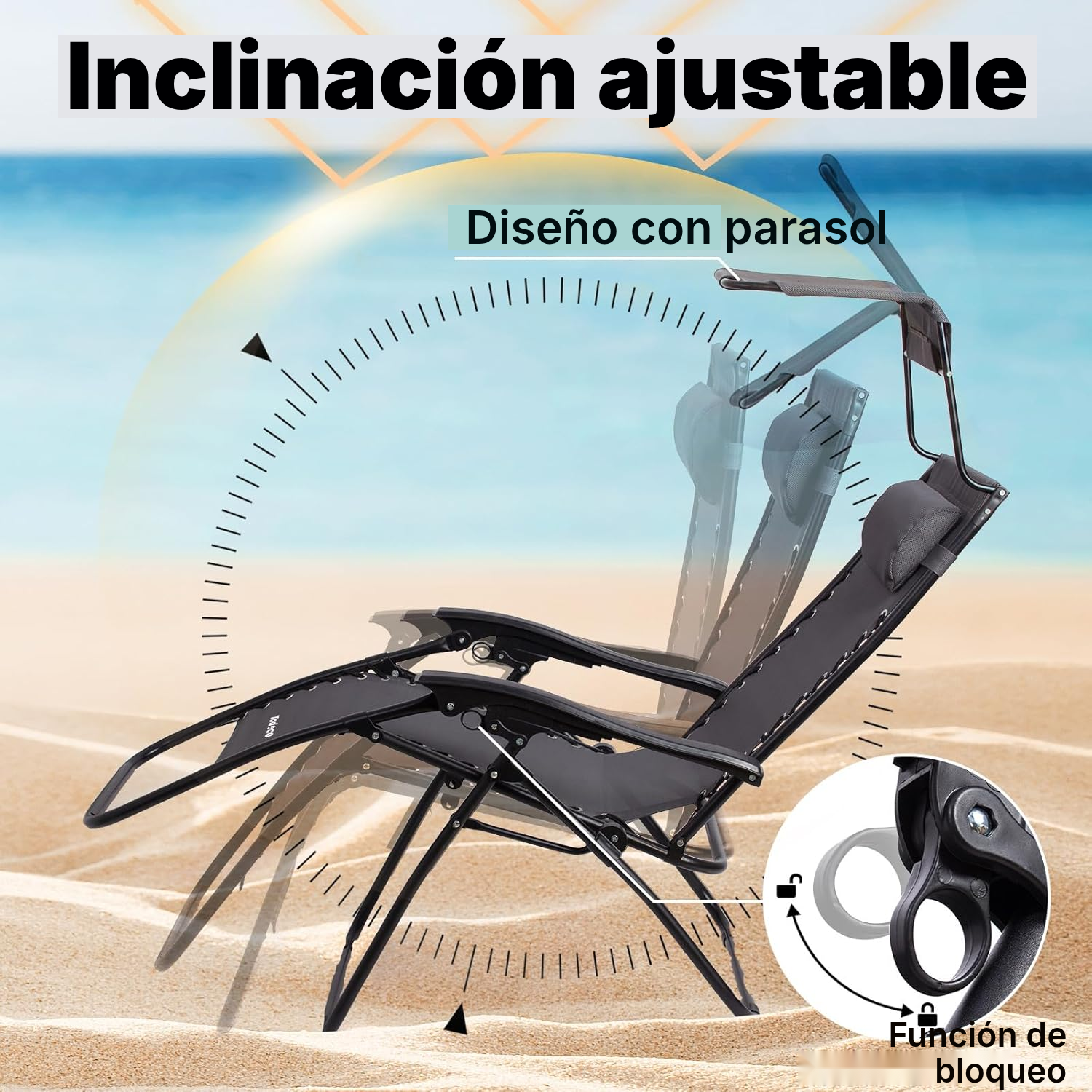 Silla de playa plegable gris 165 cm con sombrilla — 3