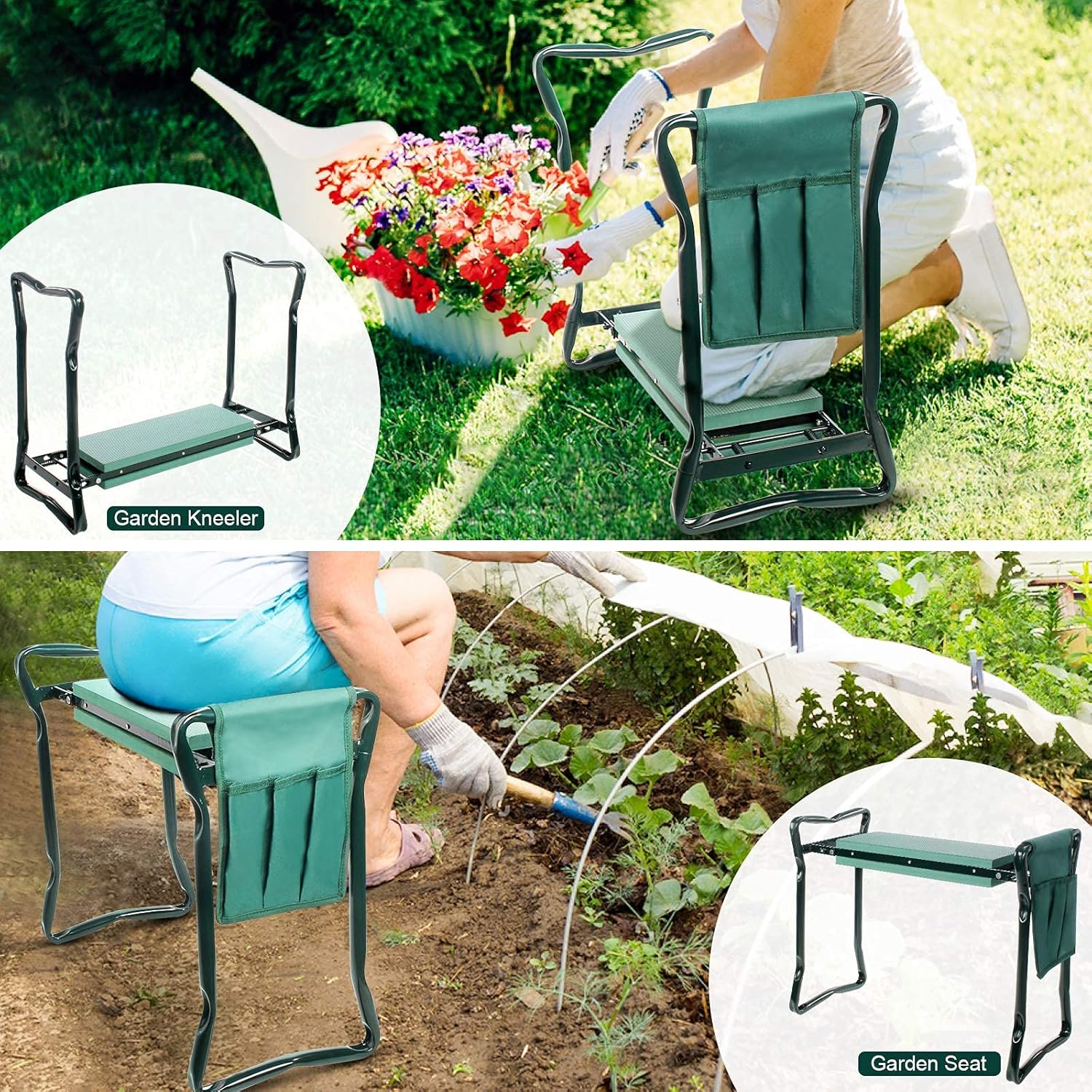 Banc jardinage vert — 2-en-1 confortable — 7