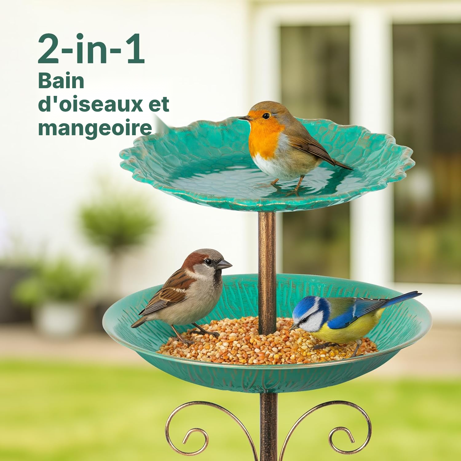 Mangeoire oiseau 115 cm – 2 bols verts stables — 2