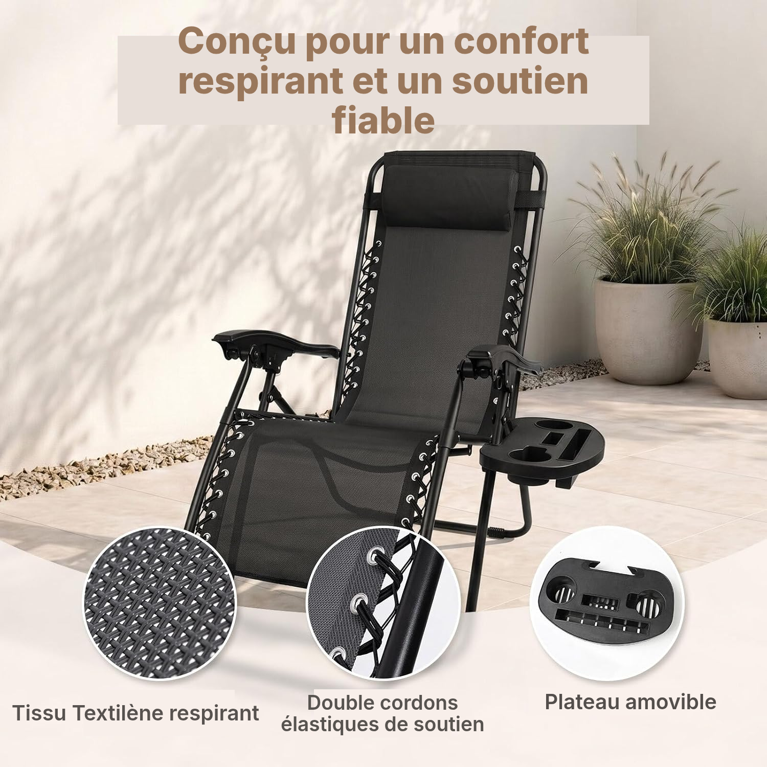 Chaise camping pliante noire, zéro gravité — 4