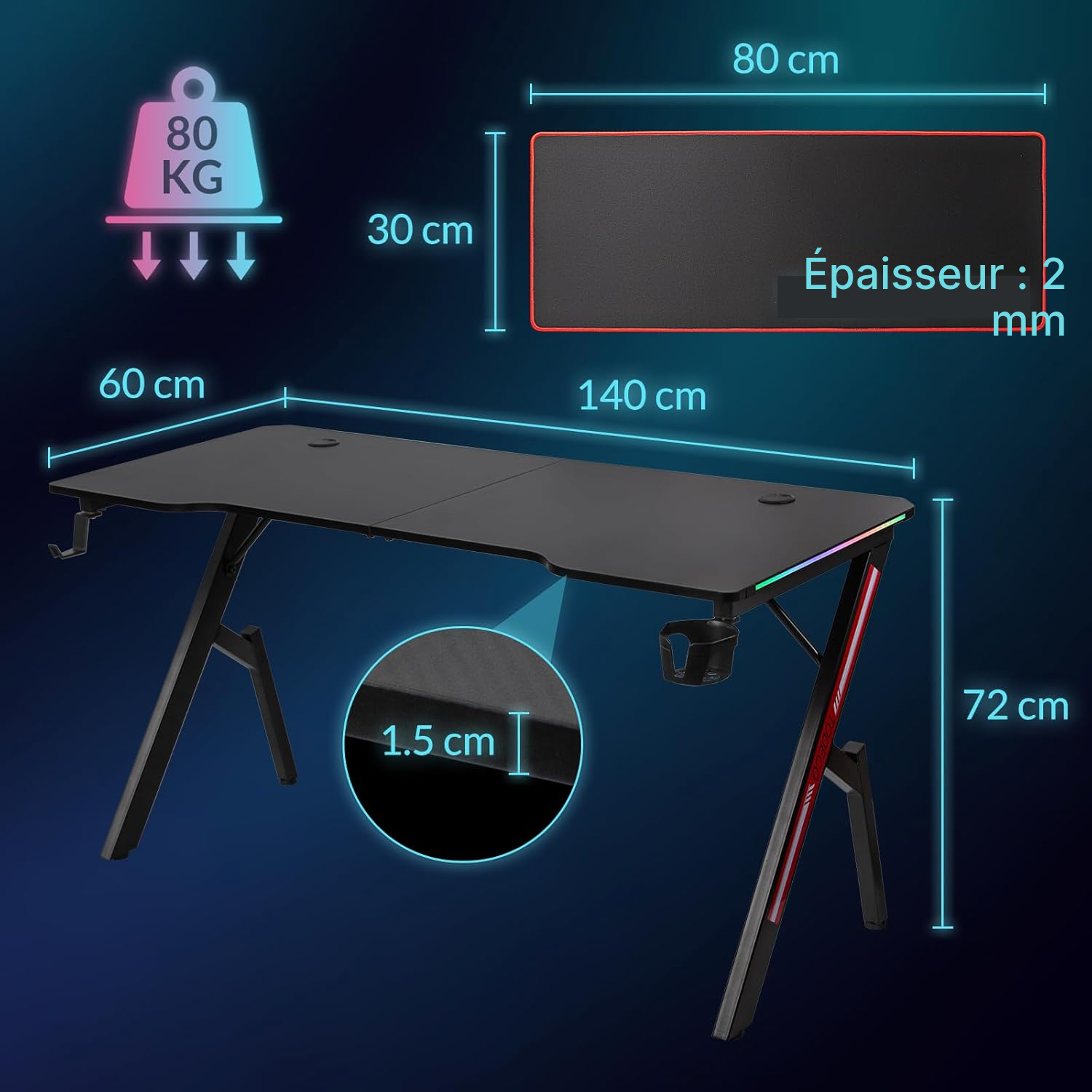 Bureau pour gamer 140 cm LED, setup net — 2