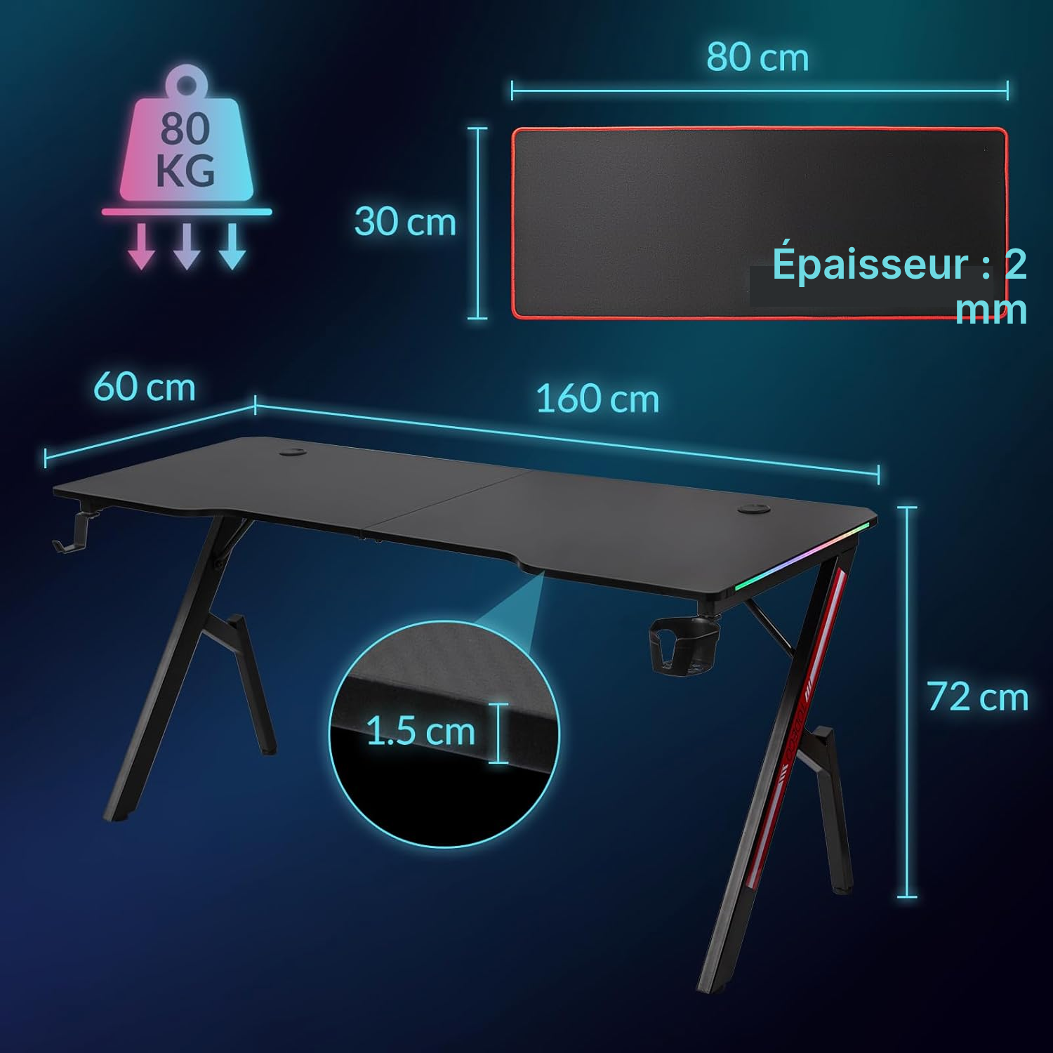 Bureau pour le gaming 160 cm, prêt à jouer — 2
